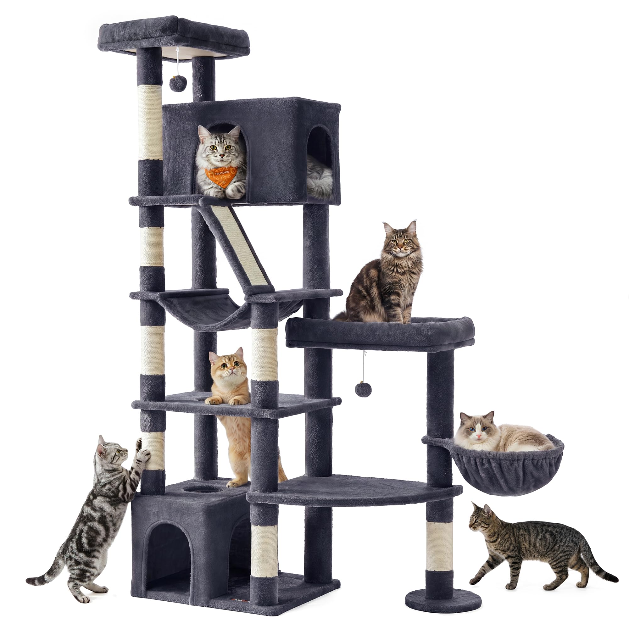 Feandrea Kratzbaum groß, 188 cm hoch, Katzenbaum für Große Katzen, mit 7 Sisalstämmen, 1 Kratzbrett, Doppelhöhle, große Plattform, für Mehrere Katzen, Dunkelgrau, Clawfy Kollektion PCT016G201