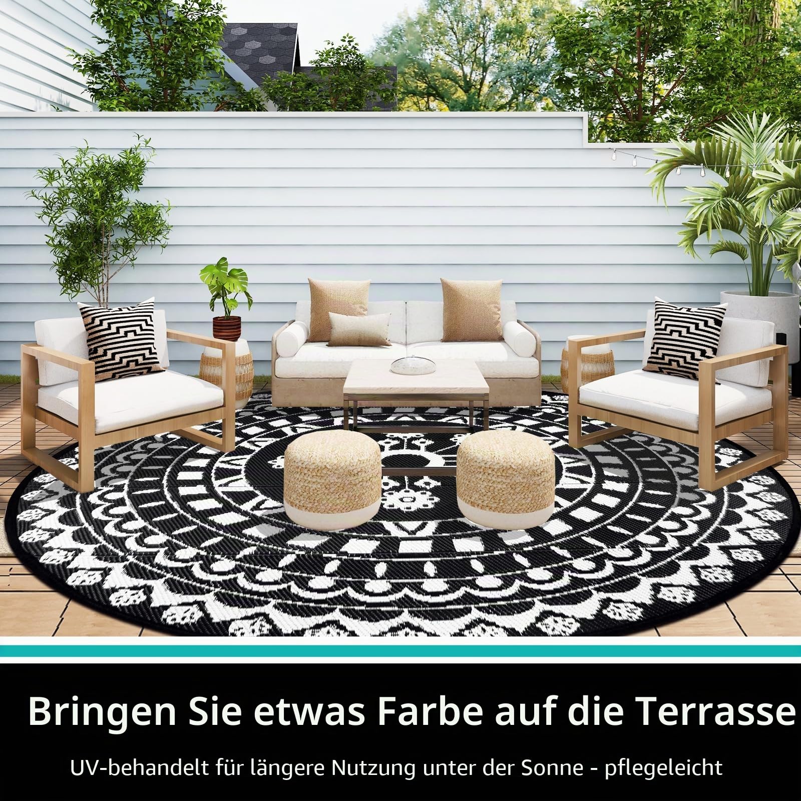Capslpad Boho-Outdoor-Teppich, rund, 240 cm, wasserdicht, für den Außenbereich, wendbar, Picknick-Matte, tragbar, UV-beständig, Kunststoff-Strohteppich, für drinnen und draußen, runder Teppich für
