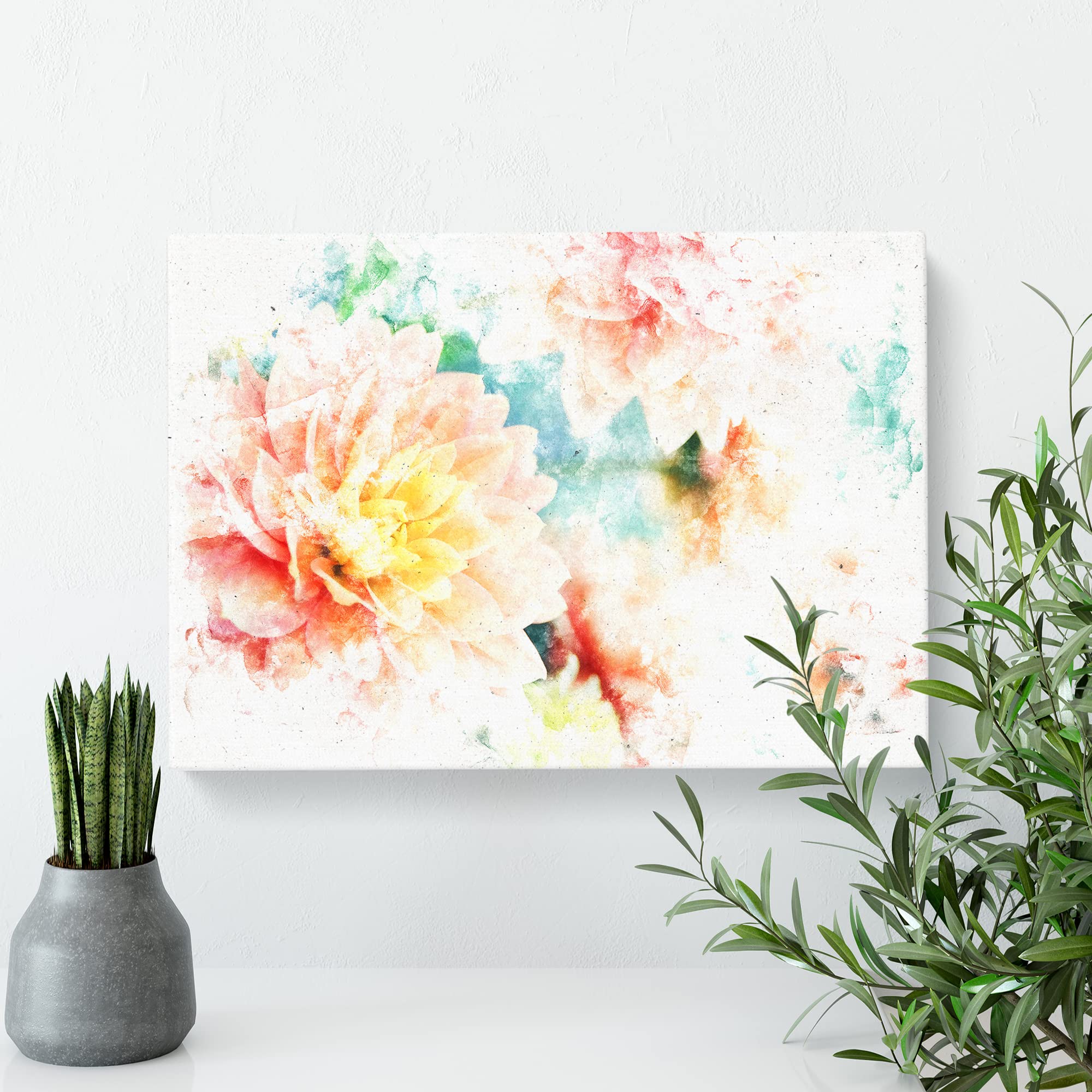 Pale Pink Dahlia Flowers In Bloom Watercolour Canvas Print, Mixed, 25L x 50W cm - Image 2
