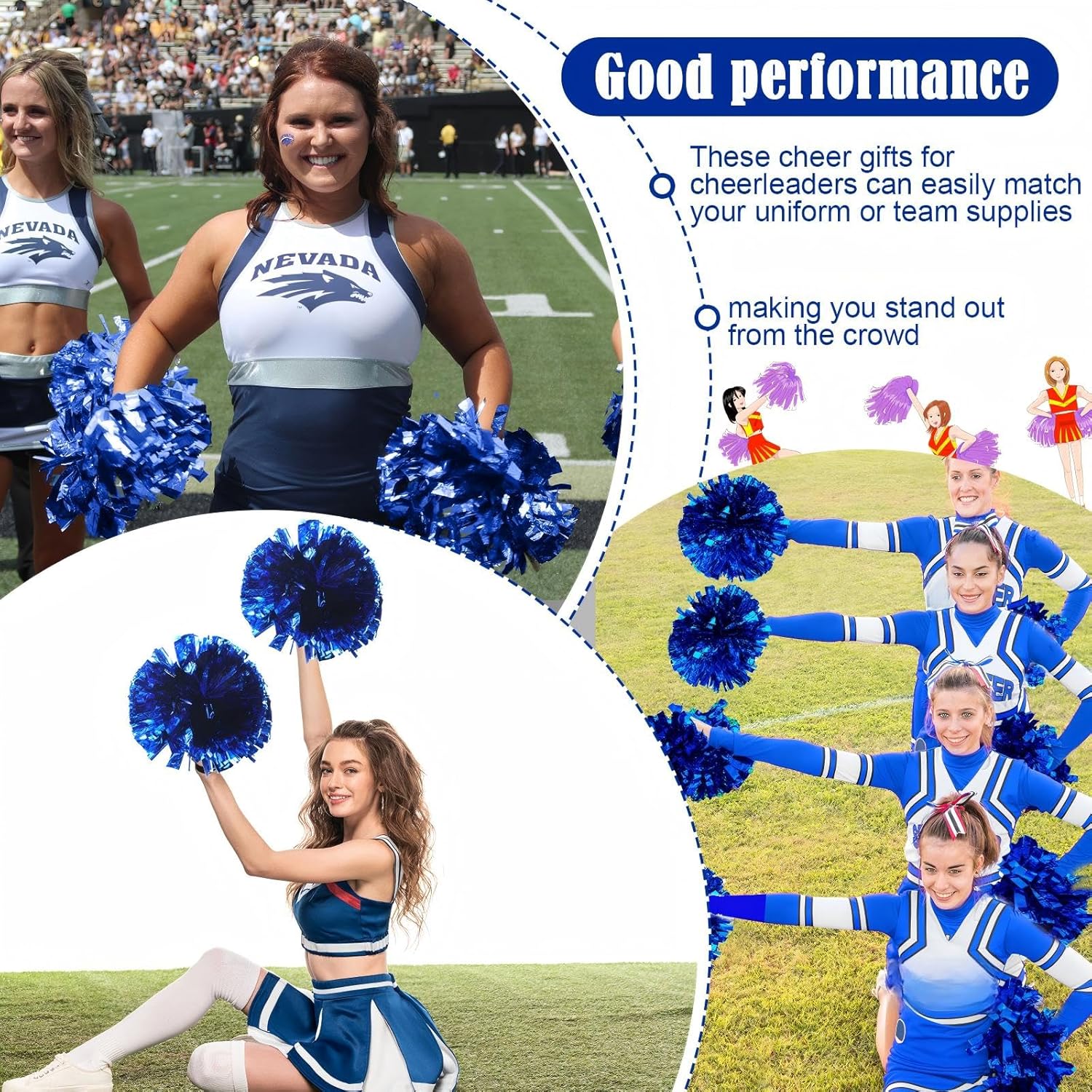 WILLBOND 36pcs Cheerleading Pom Poms Bulk Metallic Foil Cheerleader Pompoms with Baton Handle for Football Basketball Cheering Squad Team Game Sports Dance Party Outfit (Blue)