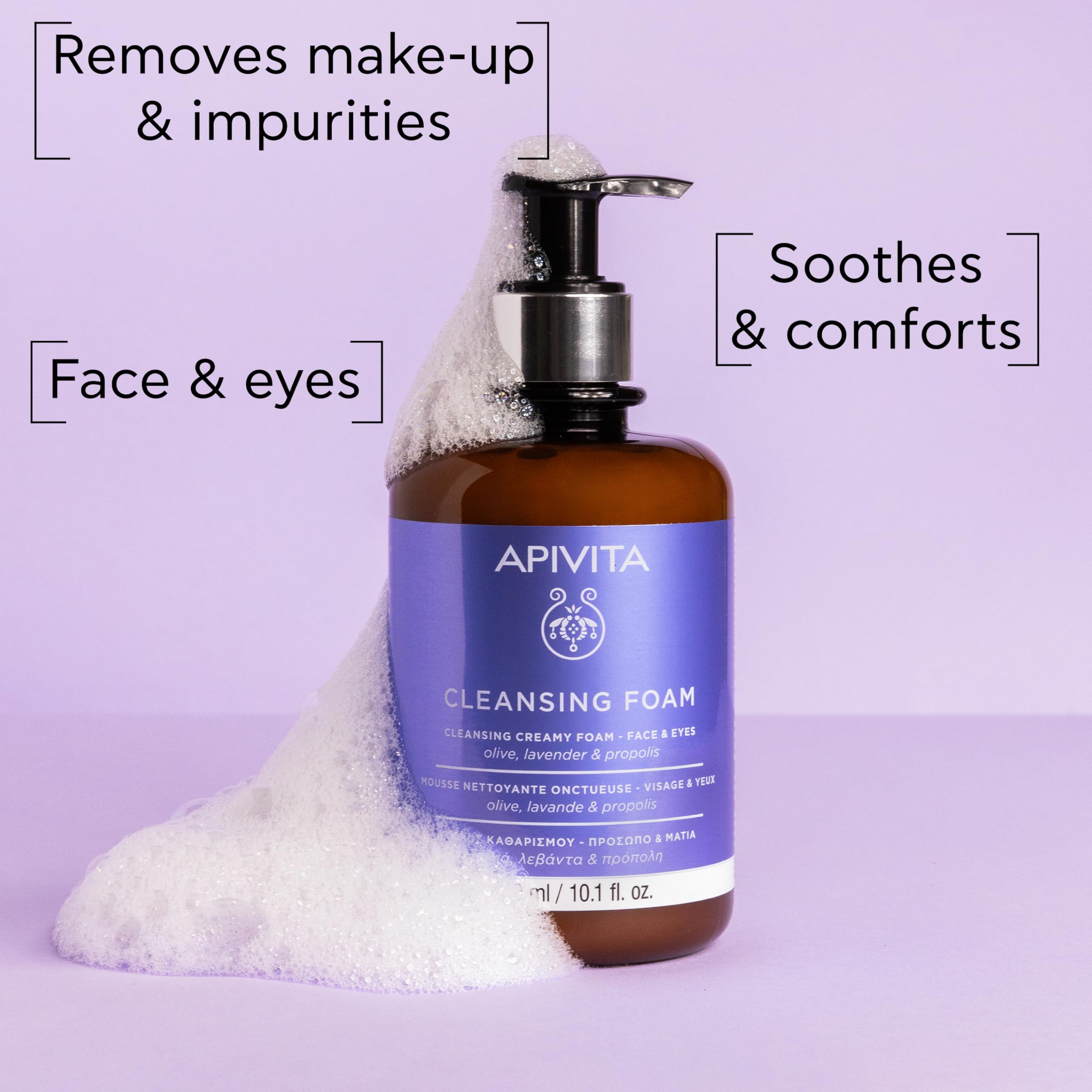Apivita Face Cleansing Foam for Face & Eyes 300ml, Foaming Facial Cleanser & Makeup Remover, Natural Face Wash with Lavender - Image 2