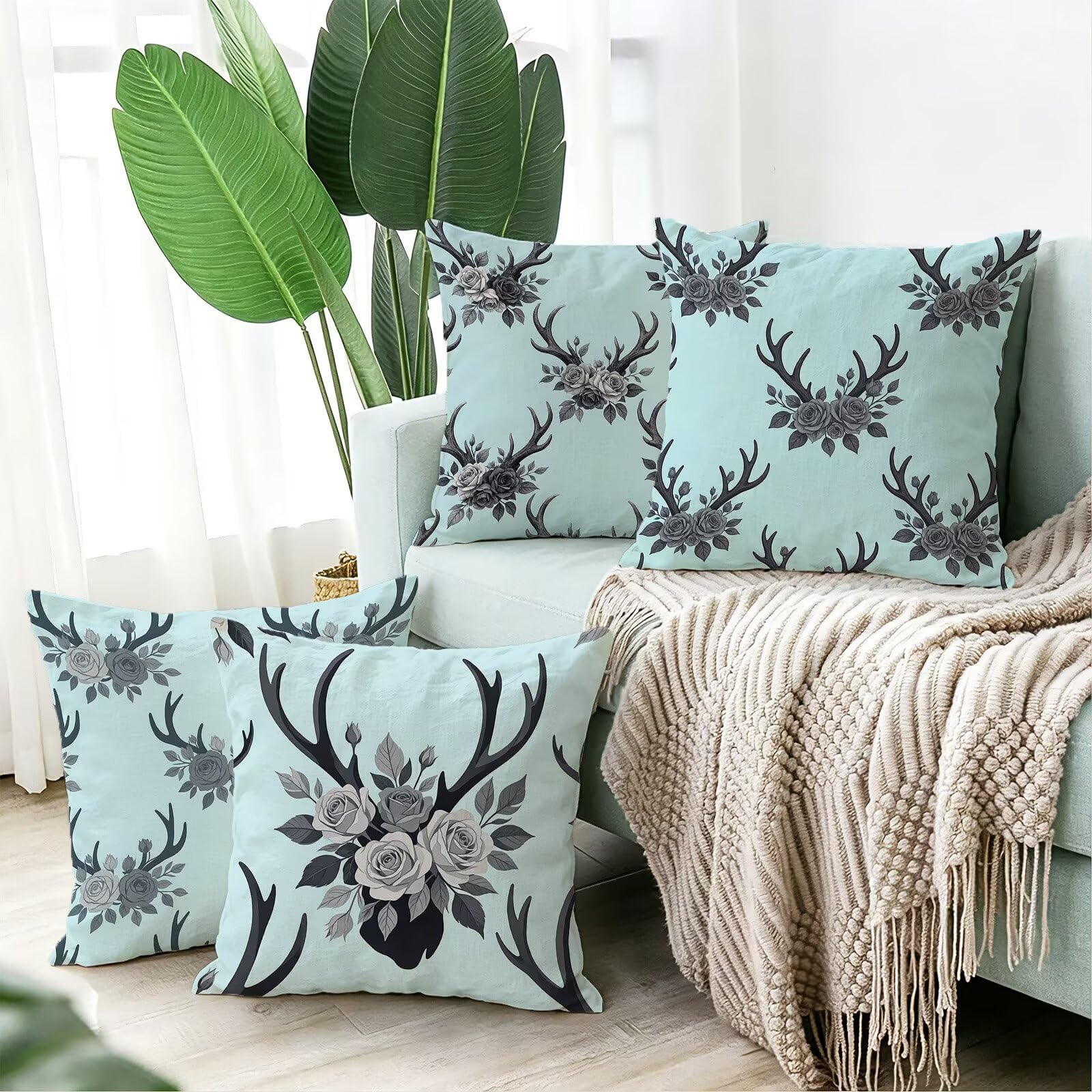 Blu Federe Cuscini Divano 60x60cm, Cuscini da Esterno Set de 4, Cod-99 | Velour Copricuscini Decorativi Letto Arredo, per Letto, Soggiorno, Giardino, Esterno, Casa Decorazione Set di 4 Fiore