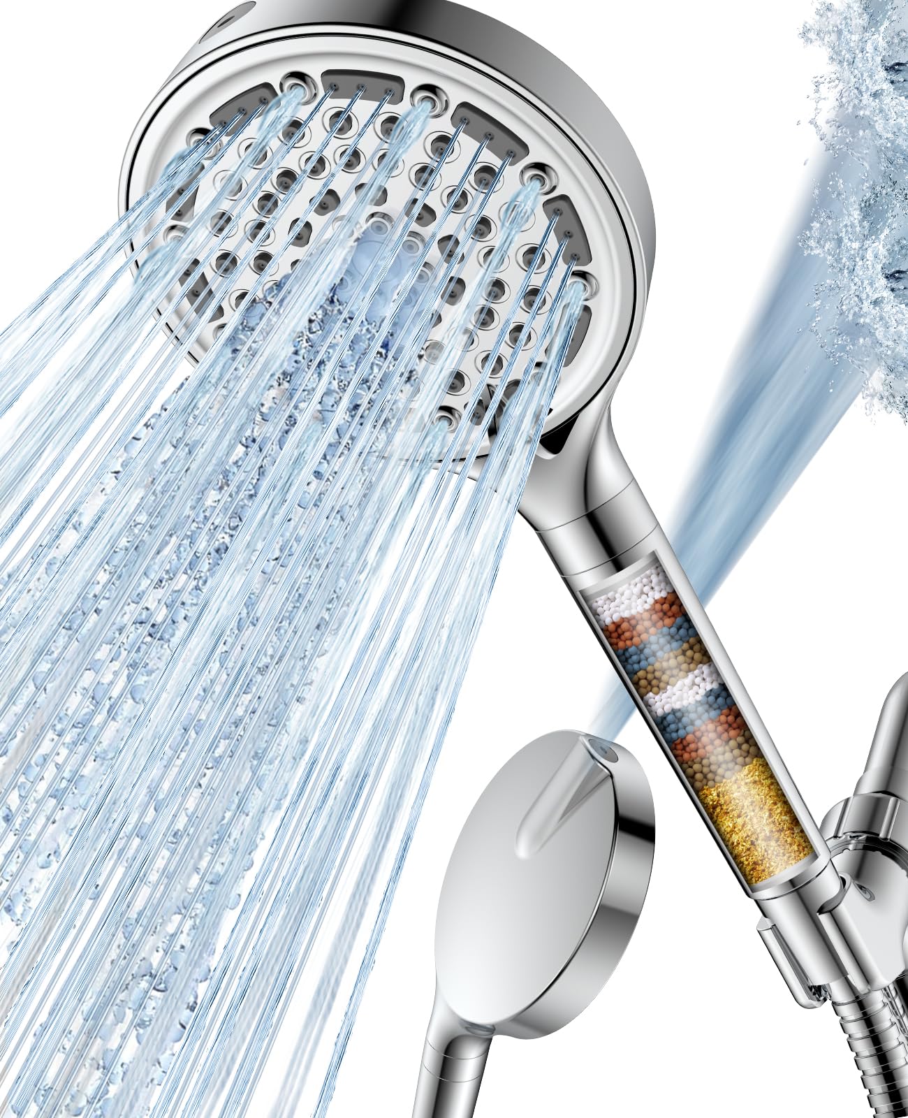 6 Spray Modes Filtered Handheld Showerhead Set, Huge 6-Inch High Pressure Shower Head with Handheld Spray, Chrome Water Softener Shower Head for Hard Water, Built-in Power Wash to Clean Tub