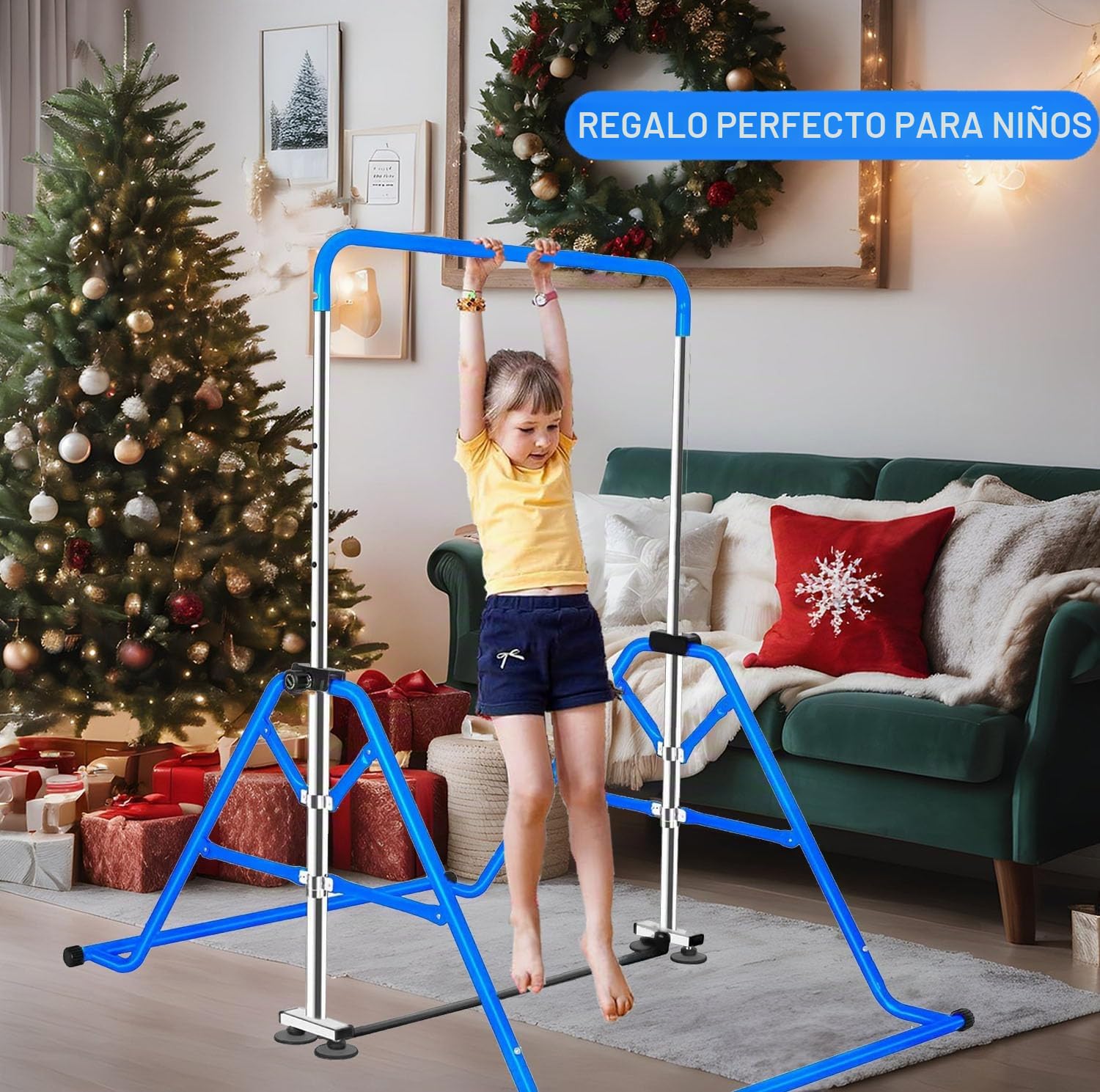 Barra Horizontal de Gimnasia, Barra de Entrenamiento Juvenil, Equipo de Gimnasia para el hogar, Altura telescópica Ajustable, Barra Horizontal Plegable con Anillos de Gimnasia para niños