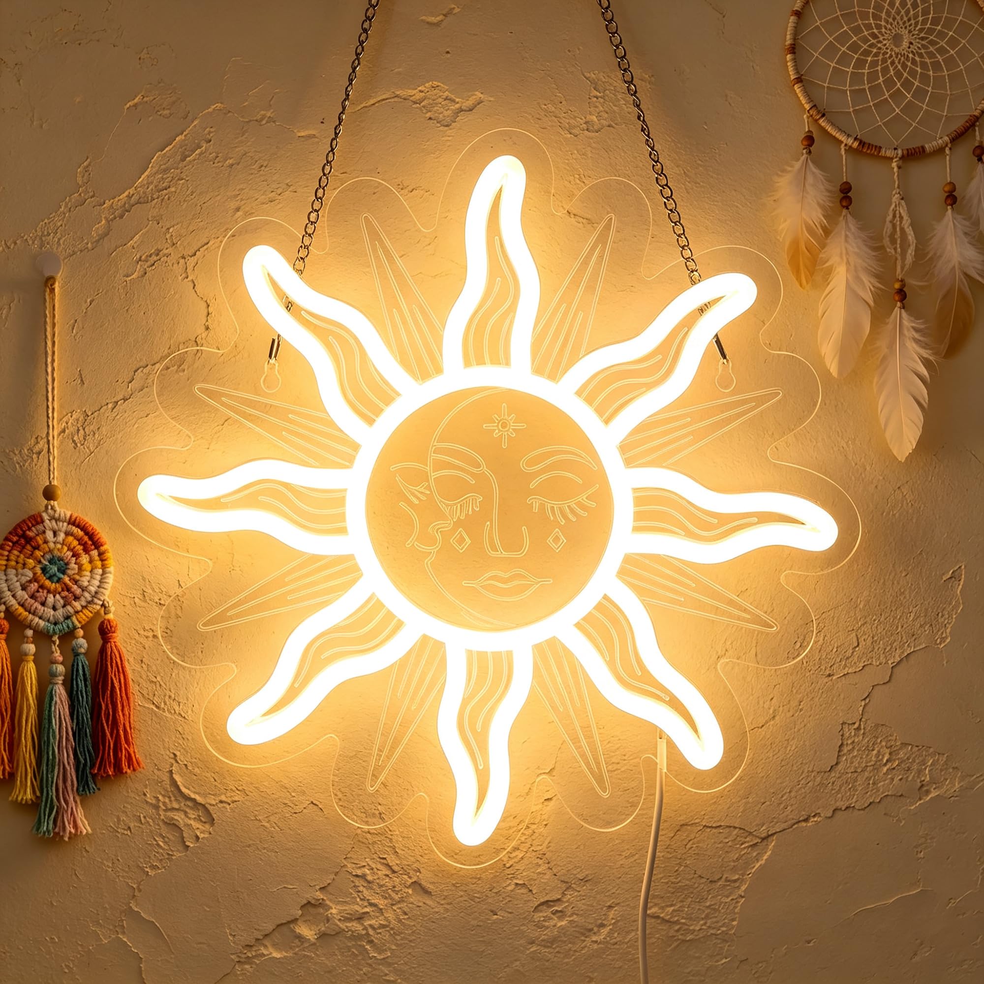 Attivolife Sun and Moon Neon Sign, Dimmable Sun Goddess LED Light, Sunflower Eye Boho Aesthetic Wall Decor, USB Powered Tribal Art Lamp for Bedroom Living Room Dorm Women Boho Lovers Gift 11.8"×11.8"