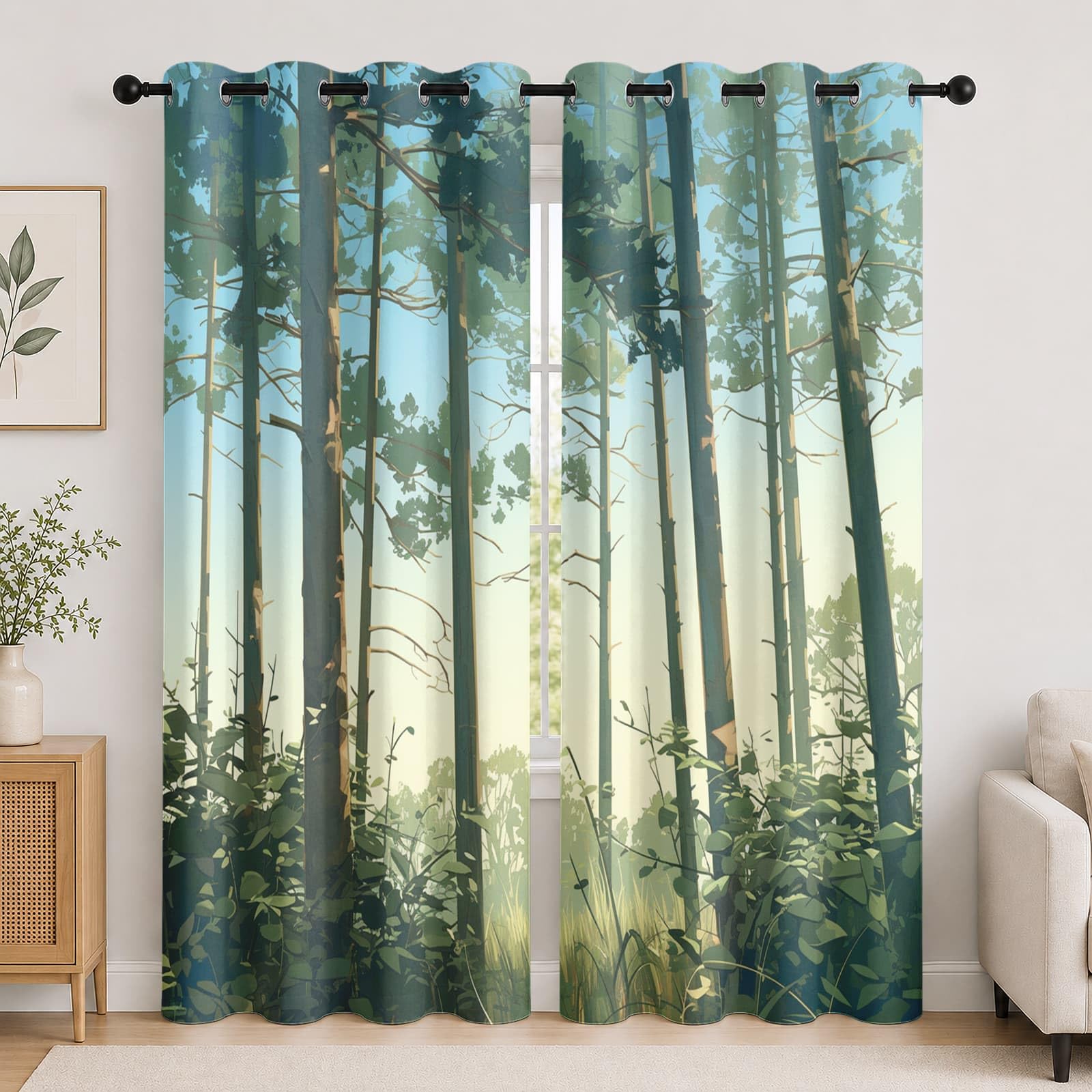 Genérico Cortinas Opacas 140An x 260Al cm (2 Paneles), Paisaje de Bosque de pinos Visillo Reductoras Acusticas Antiruido Ojales Dormitorios， Verde Cortina Termicas PoliéSter para Sala de Estar
