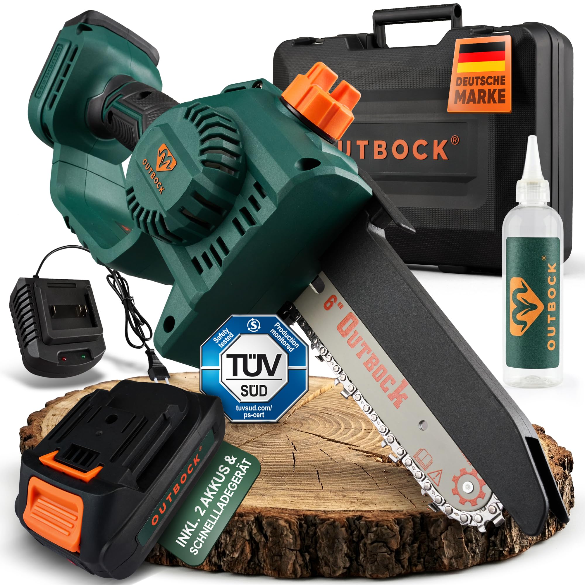 Mini Kettensäge Akku mit 2x 2.0 Ah Akkus | TÜV-Zertifizierte Einhand Kettensäge | Handkettensäge inkl. Schnelllader & Koffer | Automatische Kettenschmierung | Akku Astsäge für Gartenarbeit
