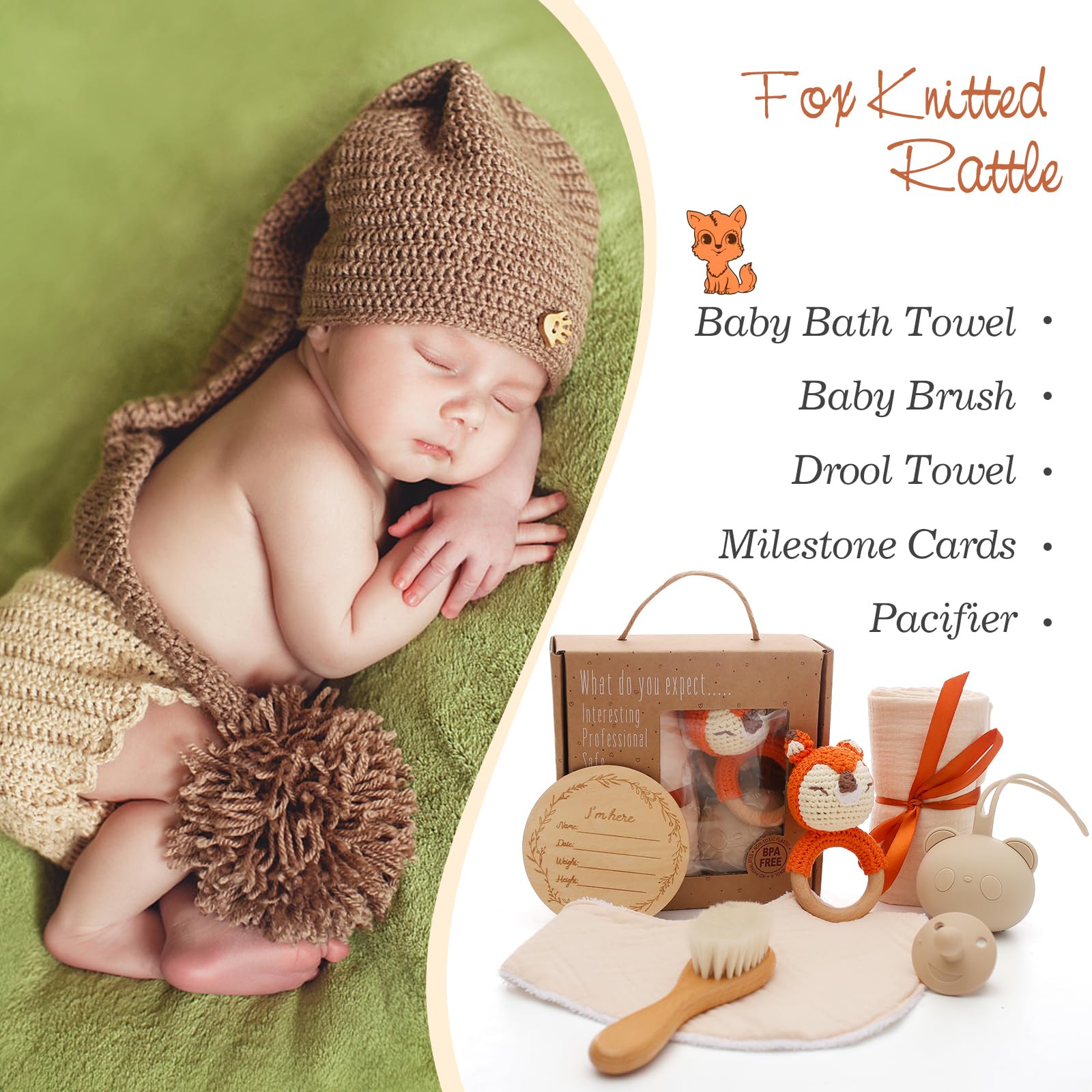 Youuys 7 Pezzi Regalo Set per Neonato, Regalo per Bambino e Bambina, Asciugamano da Bagno, Sonaglio, Giocattolo in Legno, Cartoline, Calzini, Spazzola, Baby Shower (Volpe)