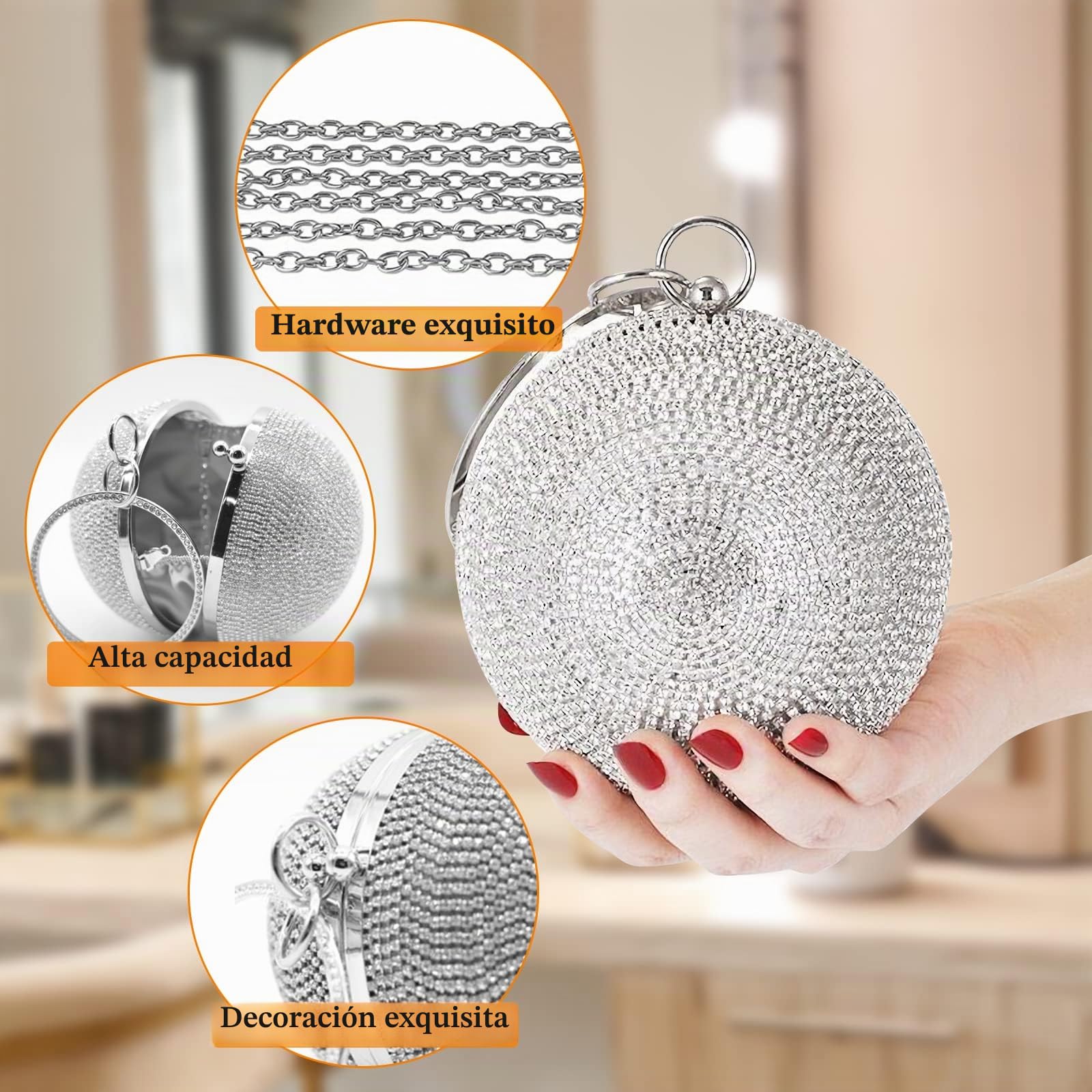 CORIOS Women's Round Ball Crystal Clutch Purse Rhinestones Evening Handbag Sparkly Sequin Glitter Shoulder Bag Bridal Wedding Purse Crossbody Bag for Wedding Banquet Prom Cocktail Party