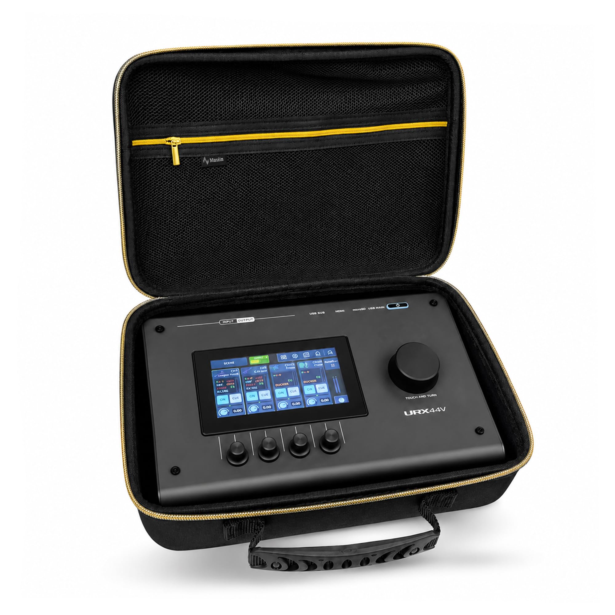 Musiin Custodia per interfaccia audio personalizzata compatibile con Yamaha URX22 URX44/44V, con tasca in rete, cerniera dorata e comoda maniglia per studio, archiviazione quotidiana e trasporto su