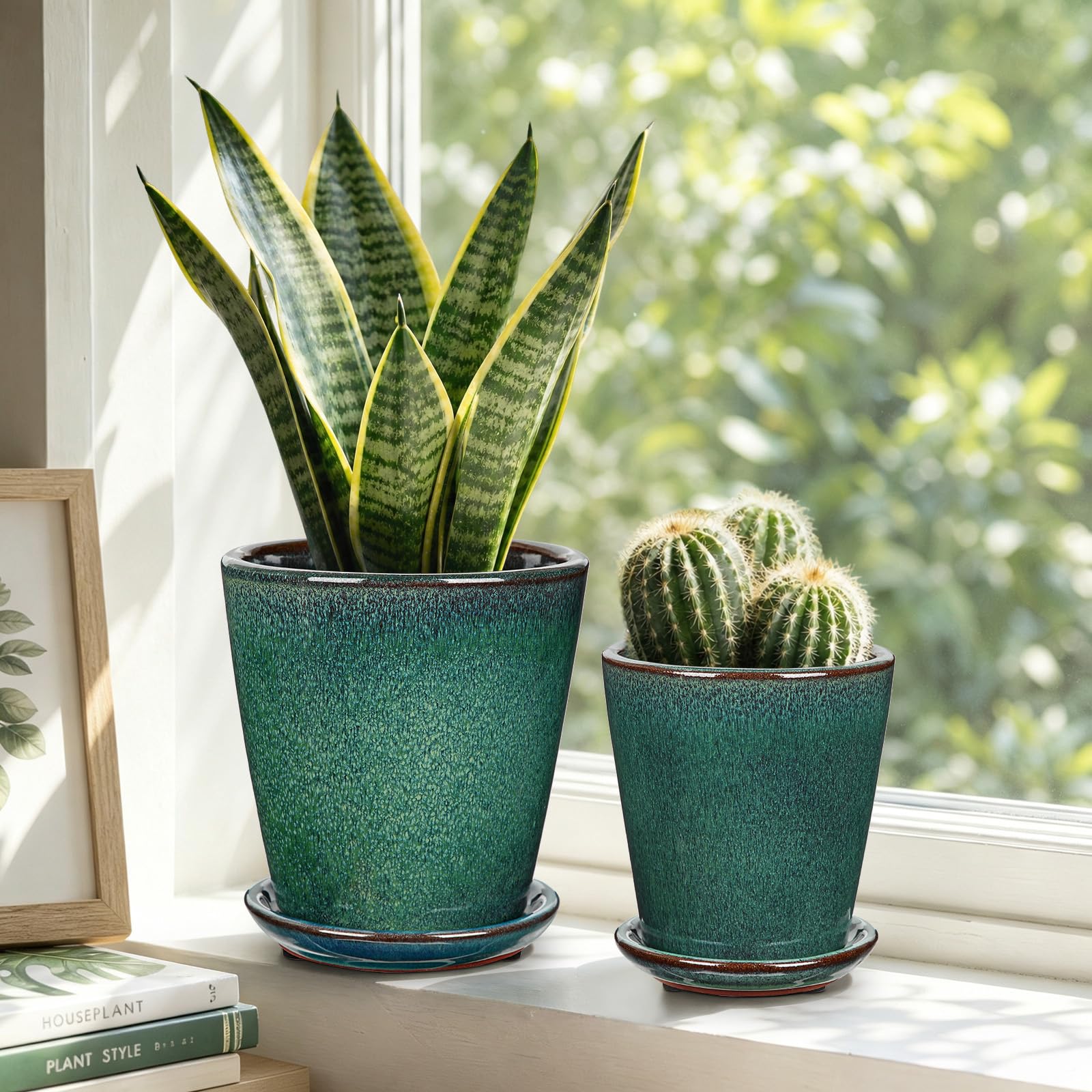 Oairse Vasi in ceramica con fori di drenaggio e piattini, 15 cm + 12 cm