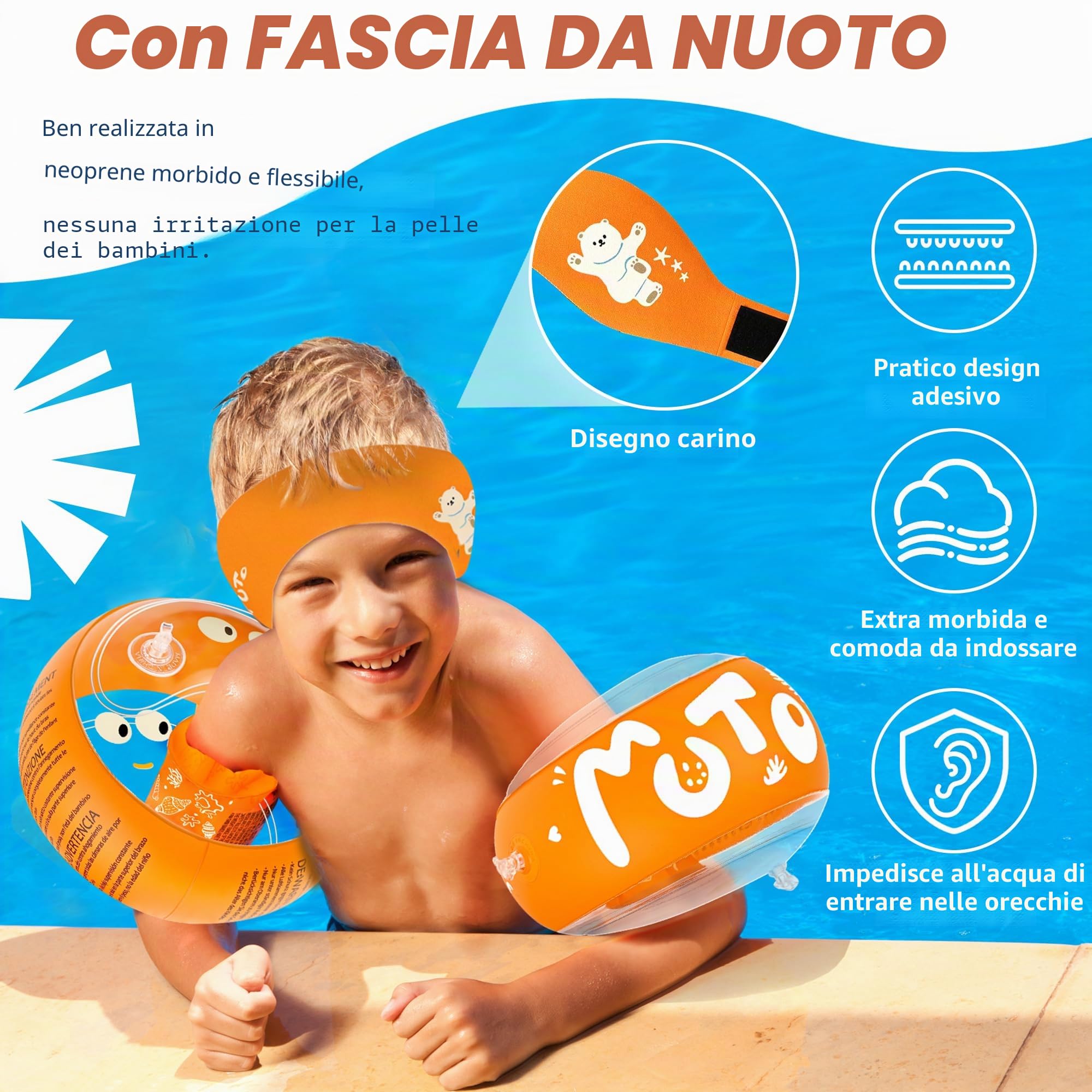 Braccioli Bambini con Fascia Protettiva per Orecchie, Braccioli di Sicurezza per Bambini 1-6 Anni, 3 Camere D'aria Indipendenti, Design Trasparente, Braccioli Gonfiabile per Piscina, Spiaggia
