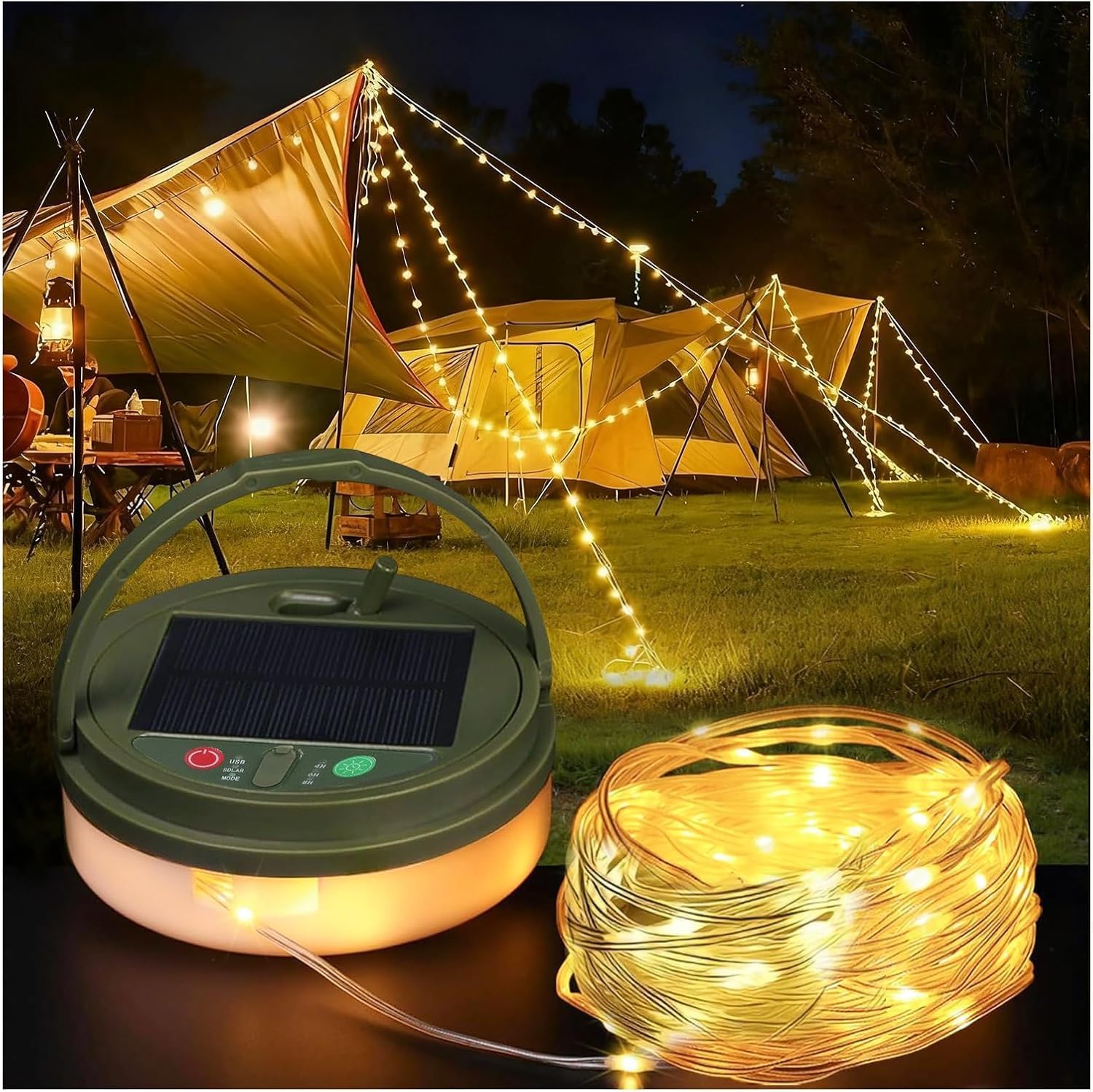Camping String Lights Outdoor Solar/Rechargeable String Lights with 8 Modes 4 in 1 Portable Camp Lights Hanging Waterproof Camp Lamp for Camping Hiking Beach Garden (B-Solar 10m 100LEDs)