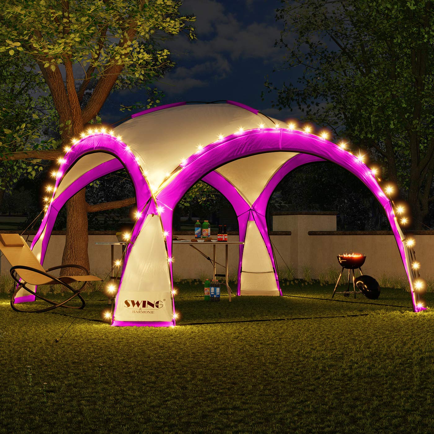 XXL LED Event Pavillon 4,5 x 4,5m DomeShelter Garten Pavillion inkl. Solarmodul Pavilion Designer Gartenzelt Camping Pavilon Partyzelt mit Beleuchtung (450cm - pink)