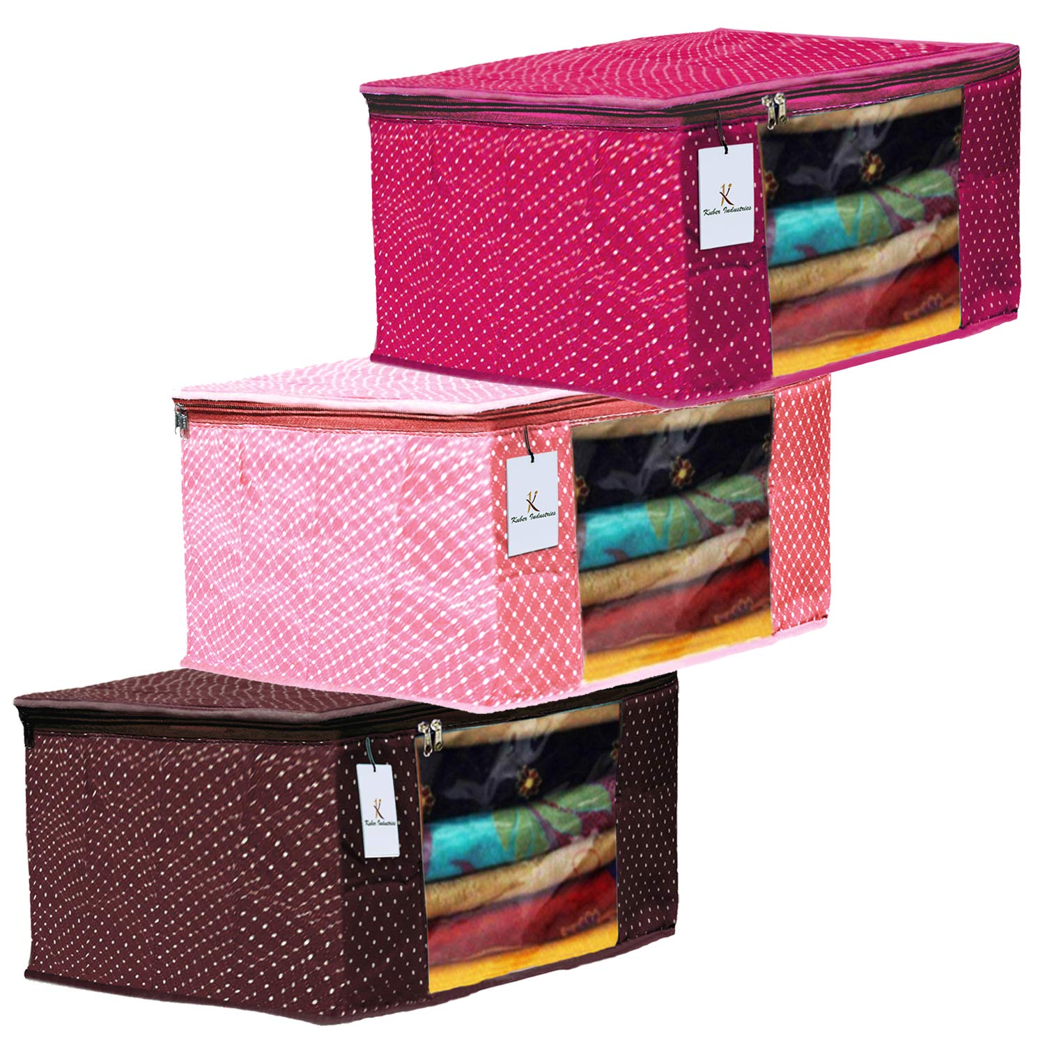 Kuber Industries Polka Dots 3 Pieces Cotton 3 Layered Quilted Saree Cover (Brown & Peach & Rani) - CTKTC031157