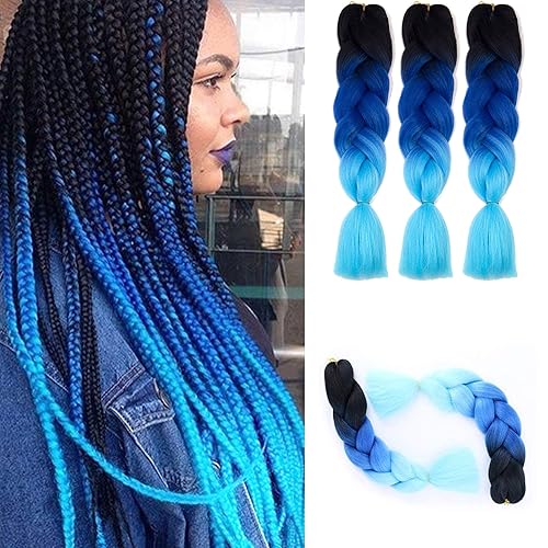 Ombre Kanekalon - Extensiones de cabello trenzado de 24 pulgadas, 3.53 onzaspieza, extensiones de cabello sintético (negro-azul-azul claro), 3