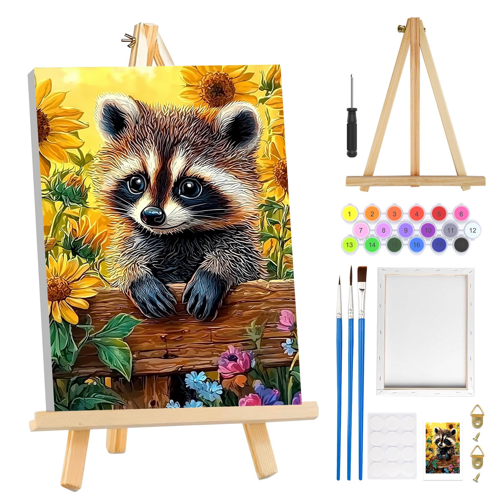 Paint by Numbers Kit for Adults Beginners with Frame, Raccoon Adult Paint by Number Kits on Canvas with Easel, Easy DIY Animal Oil Painting Kits for Home Decor, 8x12in