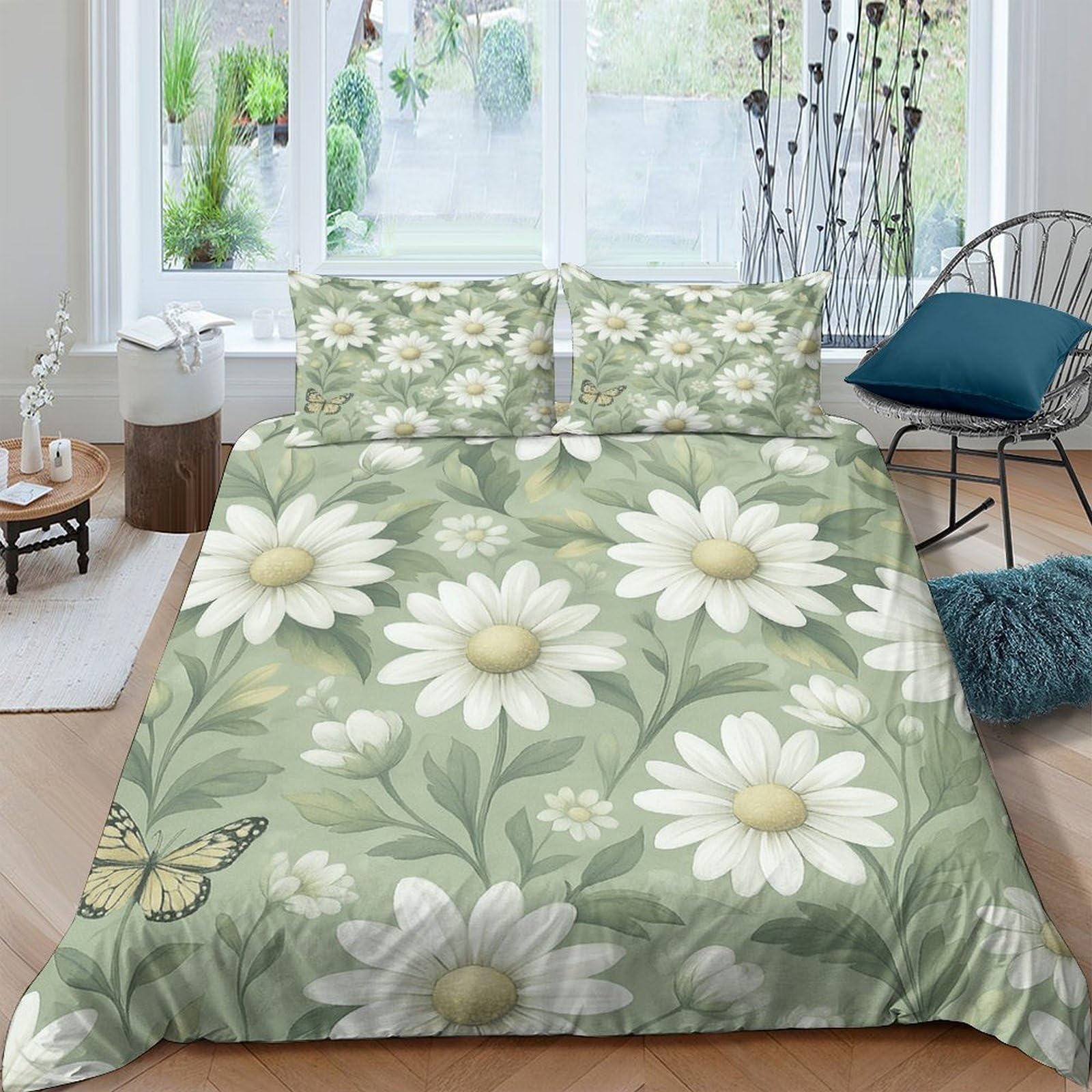 Ctjqhvkz Style-10 3D Printed Daisy Flower Fitted Sheet Microfiber Soft Green Butterfly Mattress Cover For Bedroom Dorm Home Decor Single（135X200cm）
