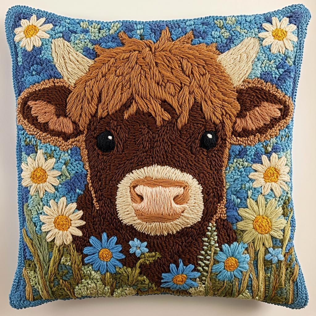 DIY Punch Needle Pillow Kit Cute Highland Cow Daisy Flowers with Pattern and Hoop Handmade Embroidery Punch Needle Starter Pillowcase Set for Home Sofa Decor 43x43cm-1-36