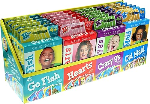 JA-RU Juego clásico de juegos de cartas para niños (24 paquetes) incluye Go Fish, Hearts, Crazy 8's y Vintage Old Maid. Divertidos juegos