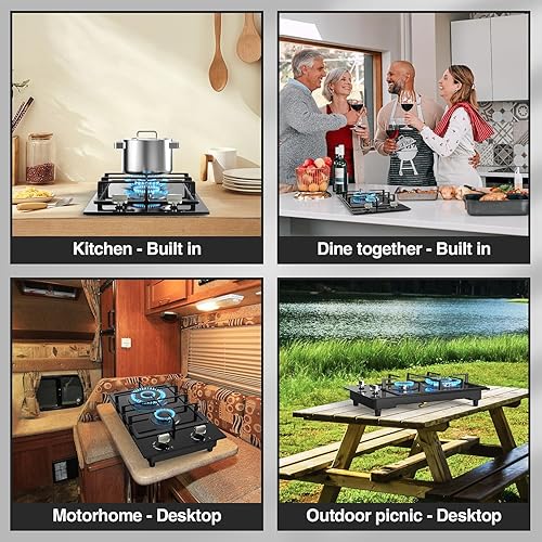 Miniatura 8 de Estufa de gas de 2 quemadores de propano de 12 pulgadas, estufa de gas portátil de vidrio templado con protección de termopar, doble combustible de