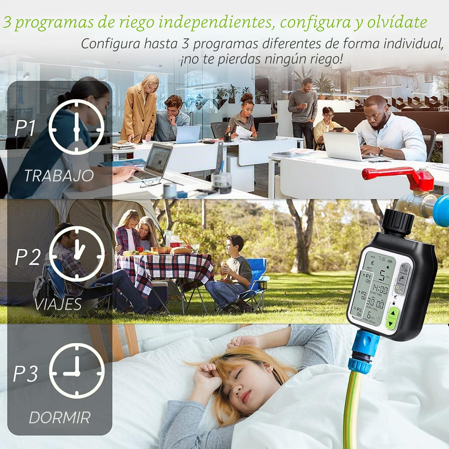 Temporizador de Riego con Sensor de Lluvia, 3 Programas, Pantalla LCD 3.5", IPX5 Resistente al Agua, Toma de 1/2"-3/4" para Jardín, Huerto, Cesped (Mod.355_Digital 3 Programs & Rain Sensor)