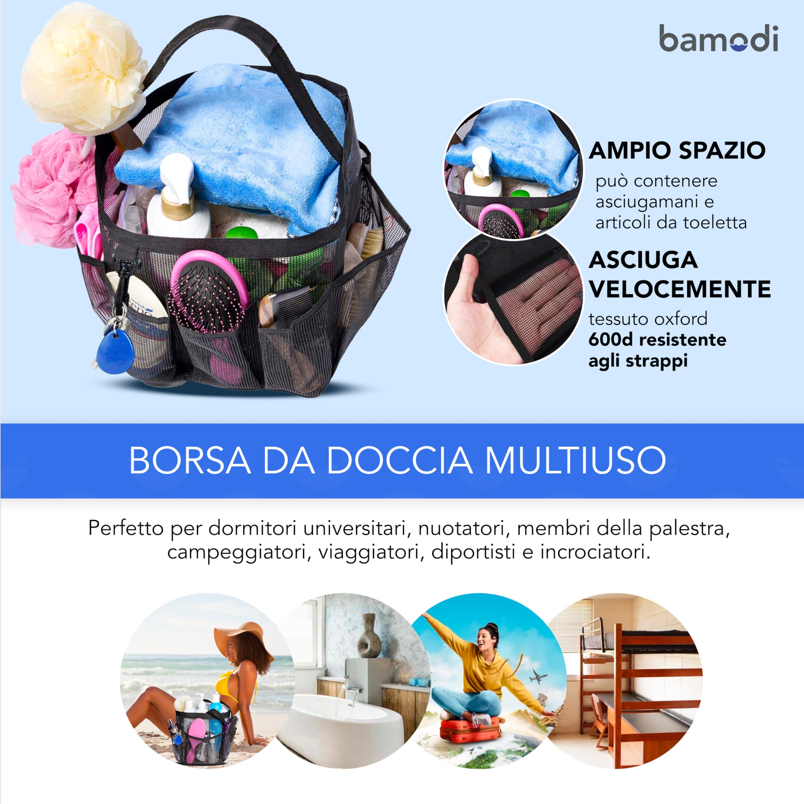 Bamodi Mesh Shower Caddy Basket/Hanging Portable Shower Tote Bag Cestino da doccia a rete – Borsa da toilette trasparente Tote Bag Organizer da appendere – per donne e donne, asta appendiabiti