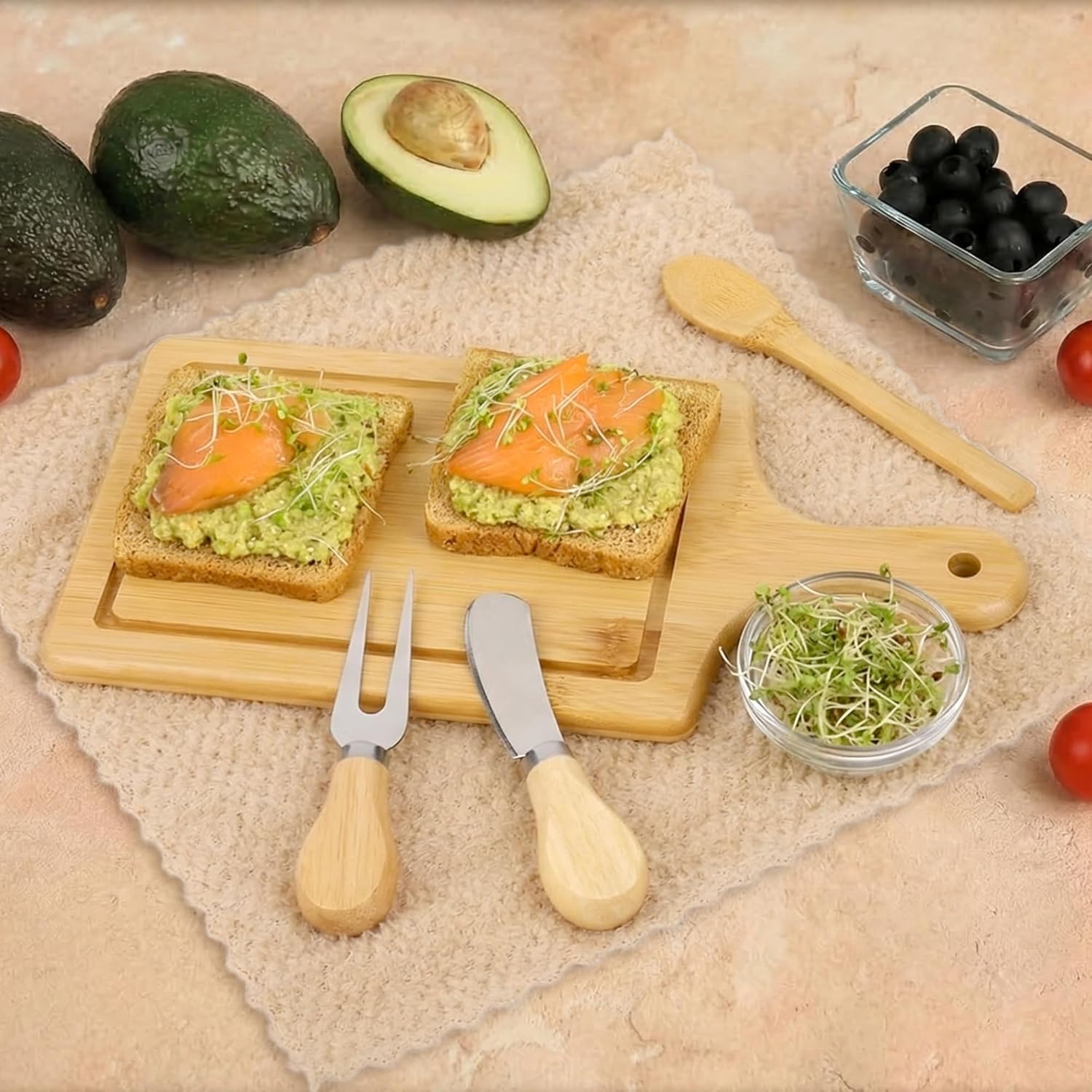 Aneco 6 Sets Baby Shower Prizes for Game Winners 63 Pcs Bamboo Cheese Board Spoon Fork Wooden Coasters Hand Towels Gift Bags Thank You Cards for Baby Shower Bridal Shower Wedding Favors