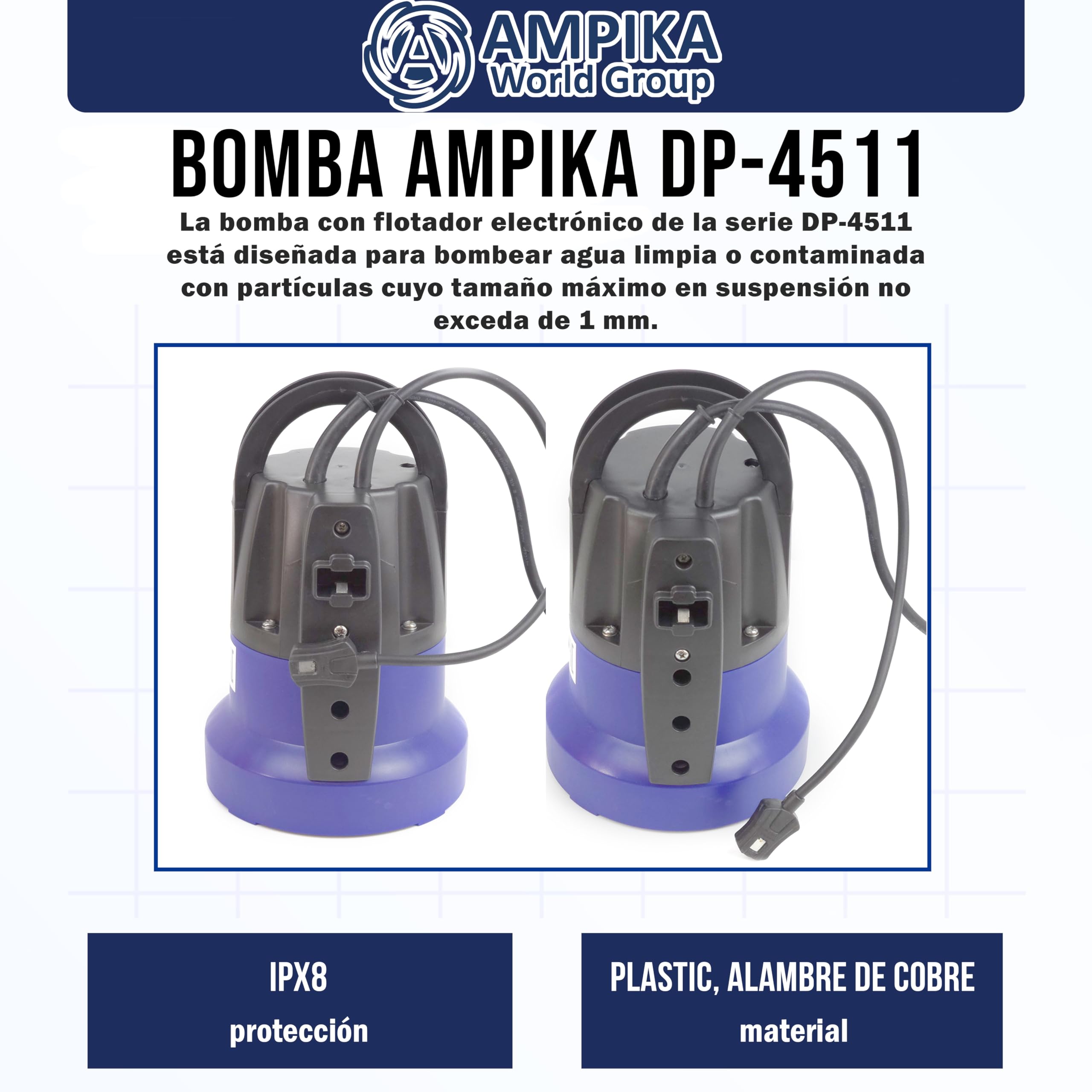 Bomba de drenaje sumergible Ampika DP4511 con flotador electrónico (capacidad de 120 l/min, profundidad máx. de inversión 7m), bombeo hasta 1...3 mm del suelo