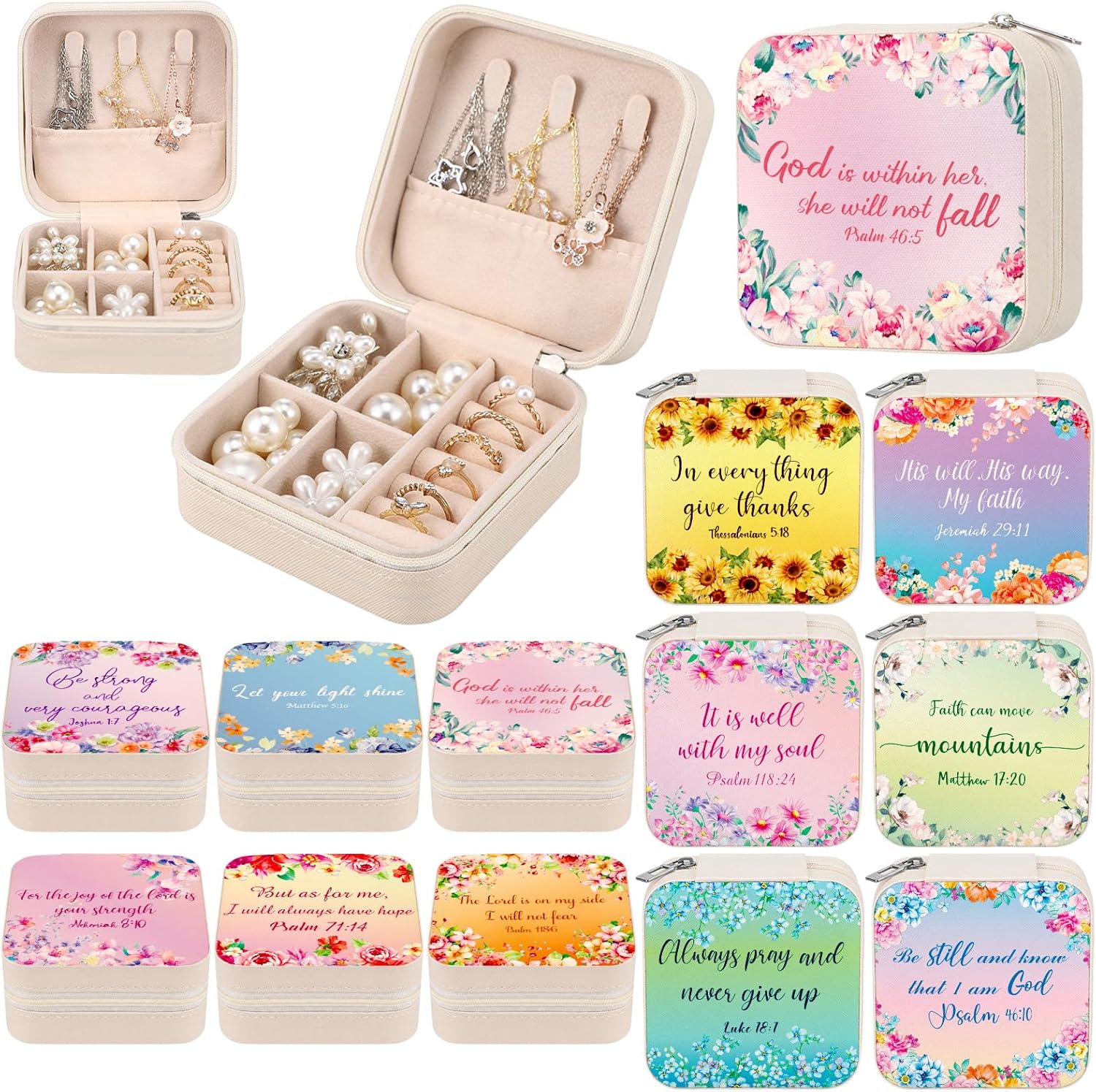Novabright 12 Pcs Christian Gifts for Women Inspirational Bible Verse Travel Jewelry Case Bulk Floral Christian Small Leather Jewelry Box for Women Mother's Birthday Gifts