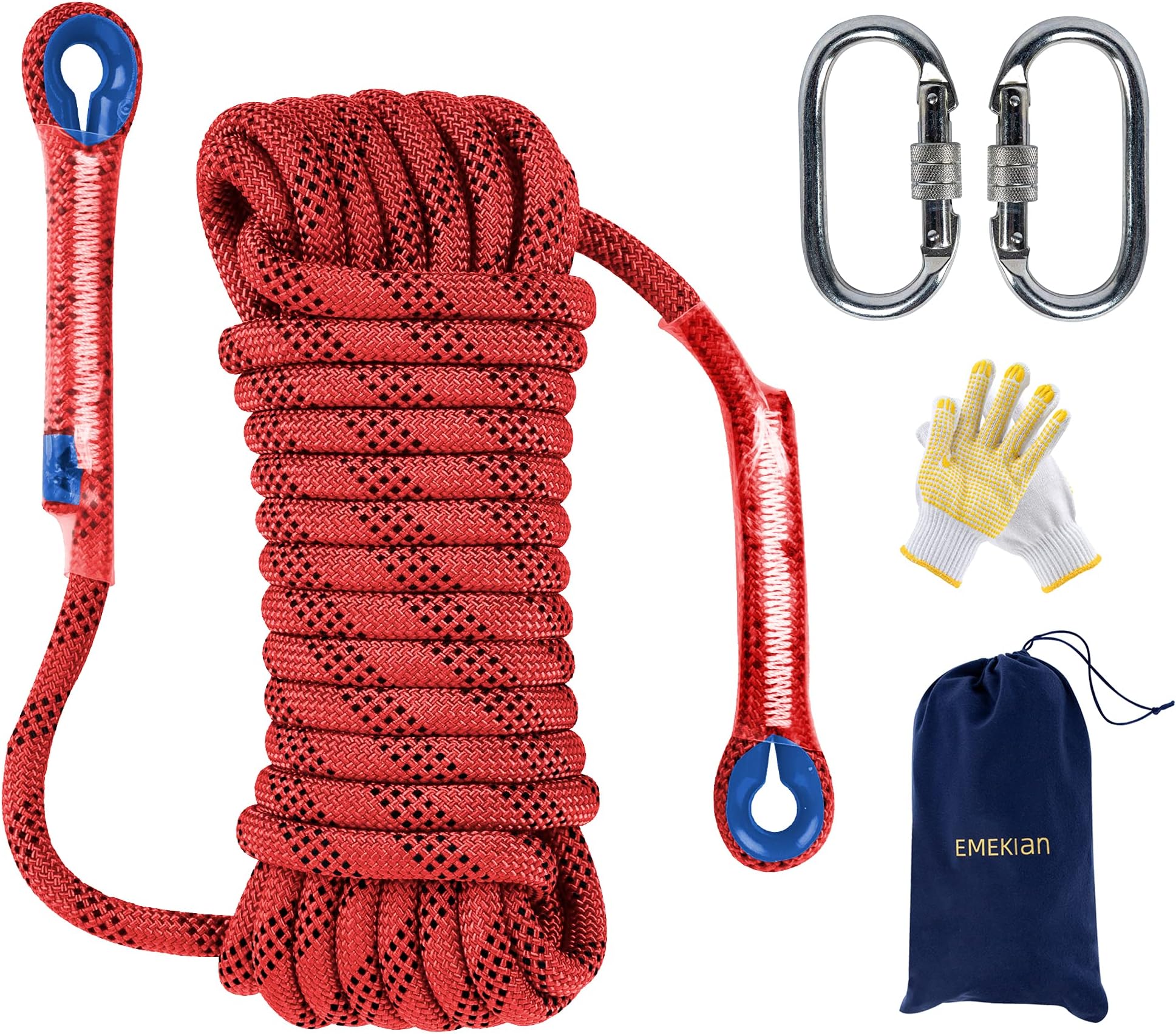 EMEKIAN 12mm Red Indoor Outdoor Climbing Rope, 30M(98ft) Static Rock Climbing Rope for Escape Rope, Ice Climbing Equipment, Fire Safety Rescue Rope, with Non-Slip Gloves