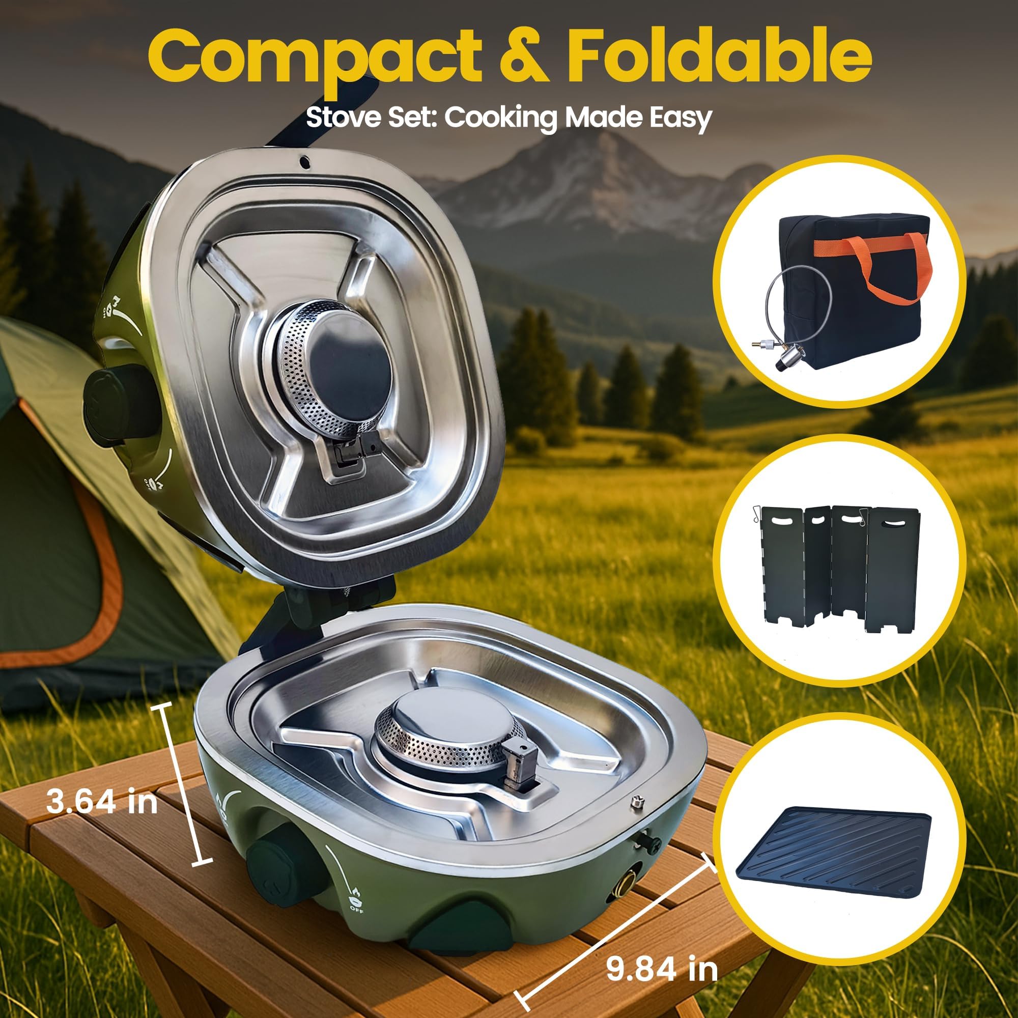 Réchaud de camping portable à 2 brûleurs - 3000 W x 2/1,74 kg - Léger et pliable - 2 feux avec allumage piézo - Plaque de cuisson et tuyau de gaz - Pour barbecue extérieur, randonnée et