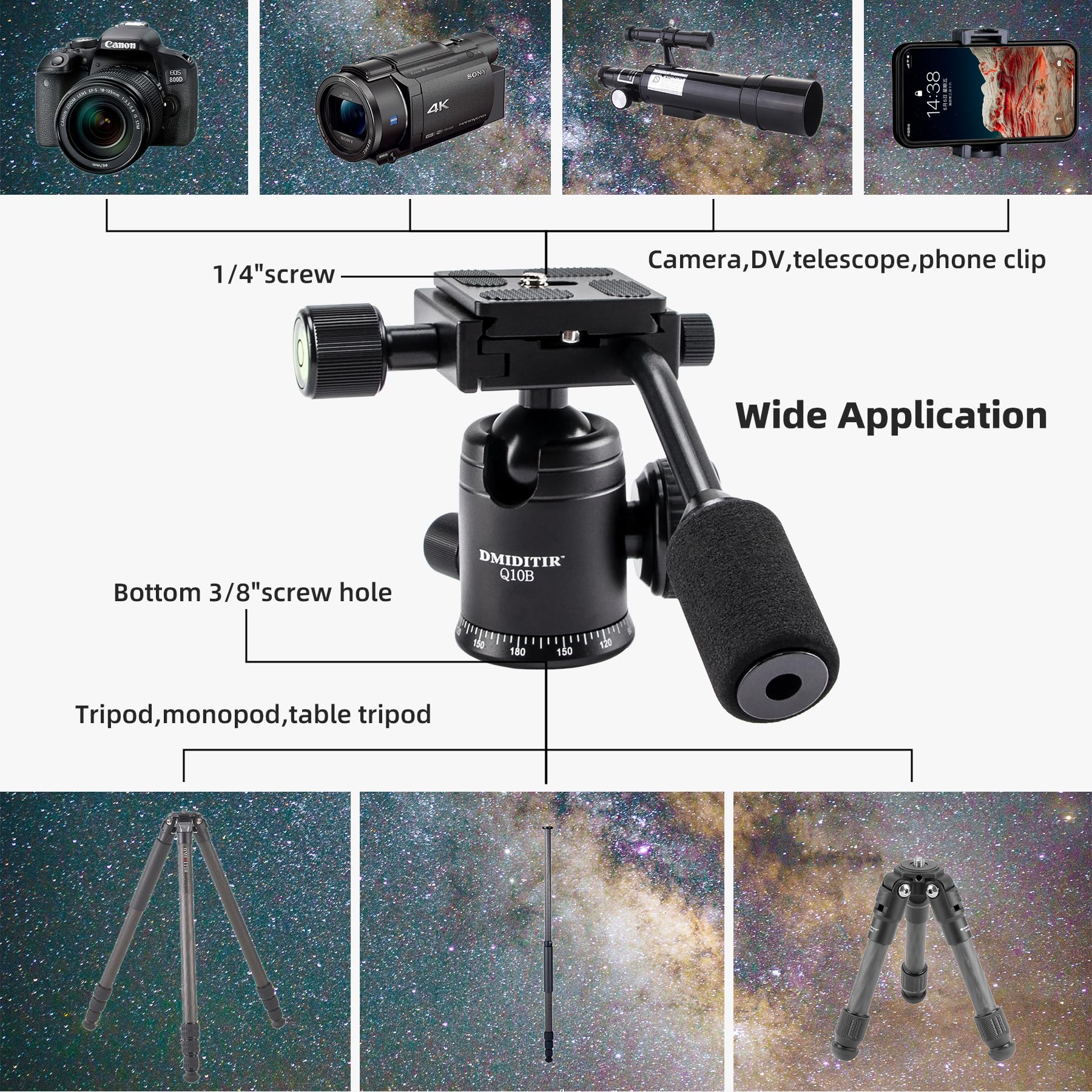 Cabeza de bola panorámica con mango de metal CNC, cabeza de bola para montaje de cámara DMIDITIR con placa de liberación rápida Arca Swiss para trípode, monopié, DSLR, videocámara, DV, telescopio