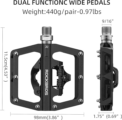 Miniatura 4 de ROCKBROS Pedales de bicicleta de montaña MTB compatibles con SPD bicicleta de montaña de doble función sellada de aluminio sin clip plataforma plana