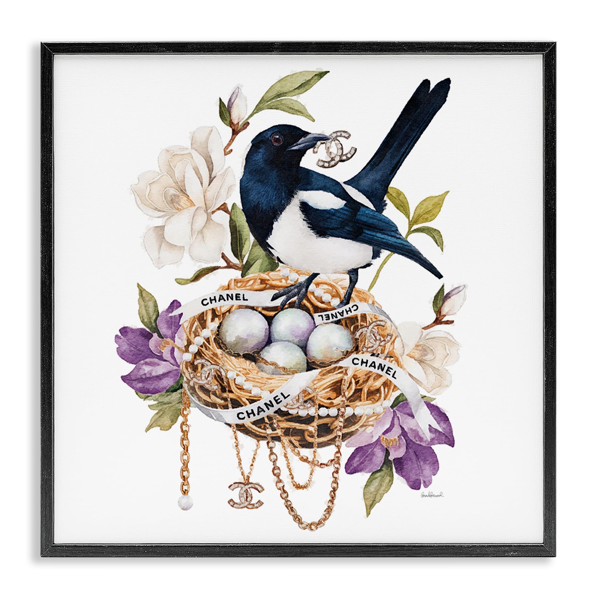 Stupell Industries Midnight Black (Textured) 'Glam Birds Nest Magnolia'| Framed Giclee Art