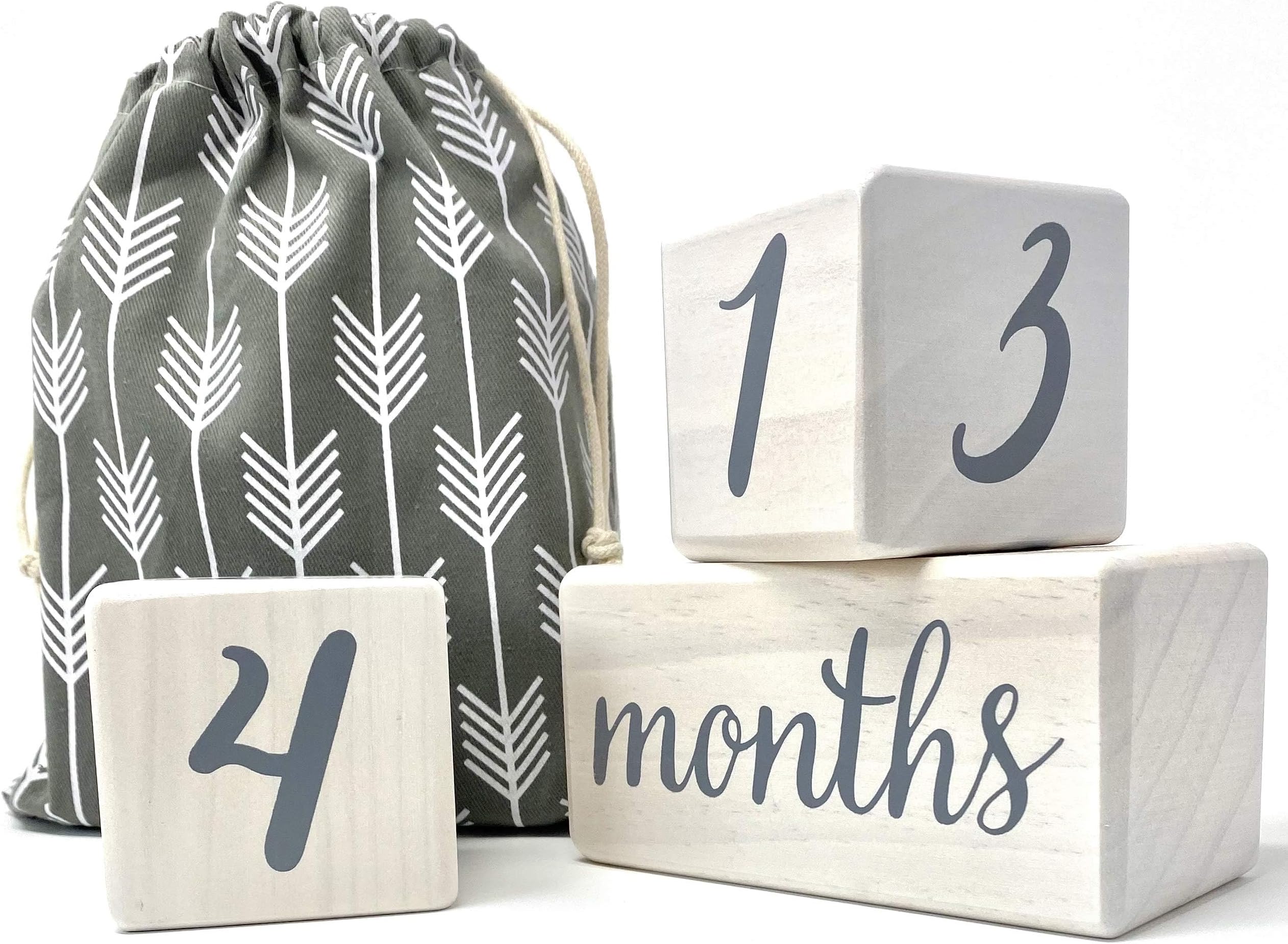 - Pondering Pine Baby Milestone Blocks - Natural White Stain Pine Wood with Weeks Months Years Grade - Milestones Age Block Set with Bag, Newborn Weekly Monthly First Year Picture Props, Earth Friendly