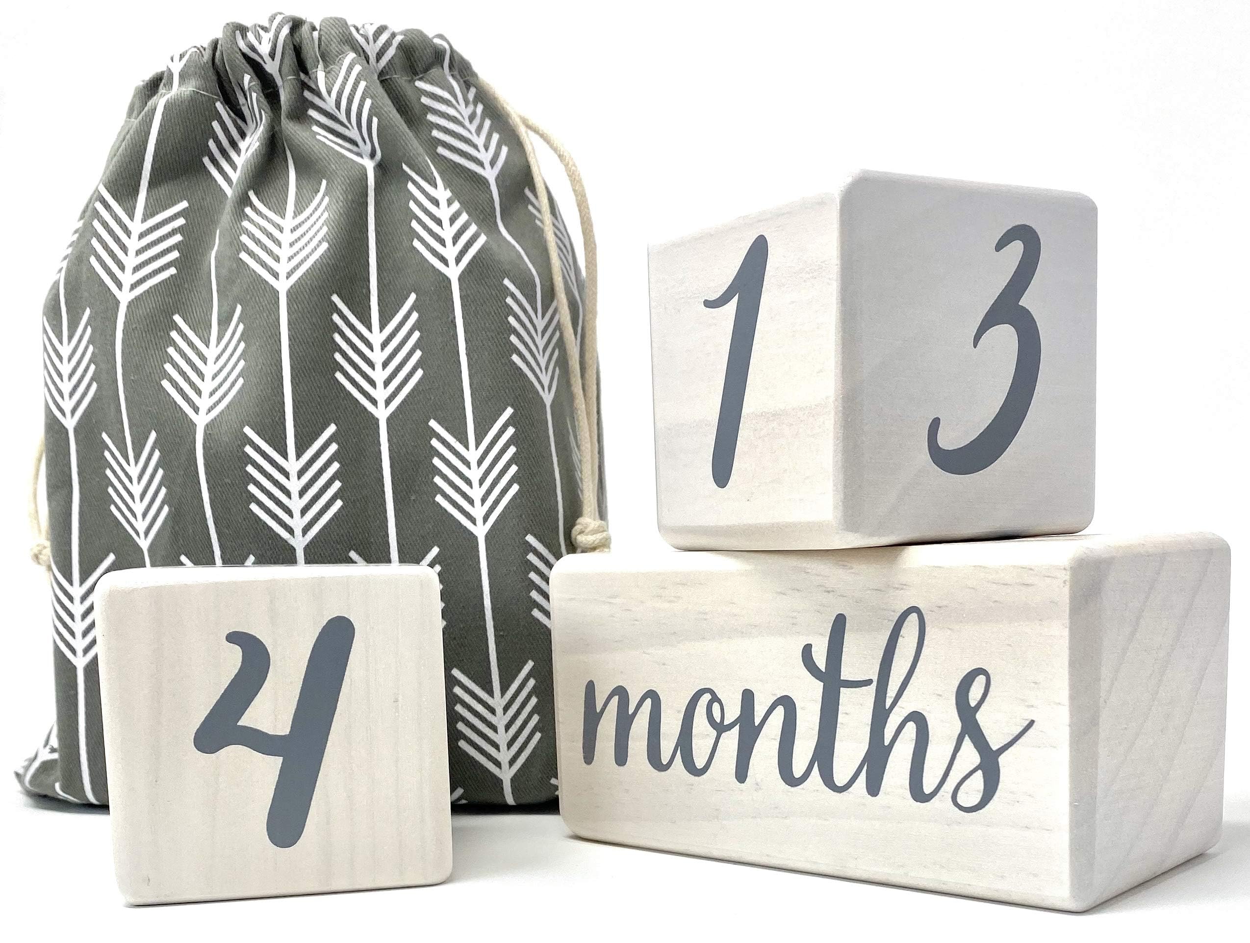 Baby Milestone Blocks - Natural White Stain Pine Wood with Weeks Months Years Grade - Milestones Age Block Set with Bag, Newborn Weekly Monthly First Year Picture Props, Earth Friendly