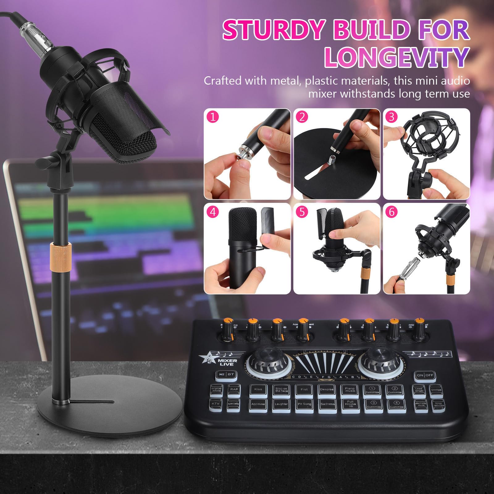 POPETPOP Mixer Audio Professionale per Podcast e Gaming Scheda Audio Stereo, Costruzione Robusta in Metallo e Plastica, per Setup di Streaming e Registrazione