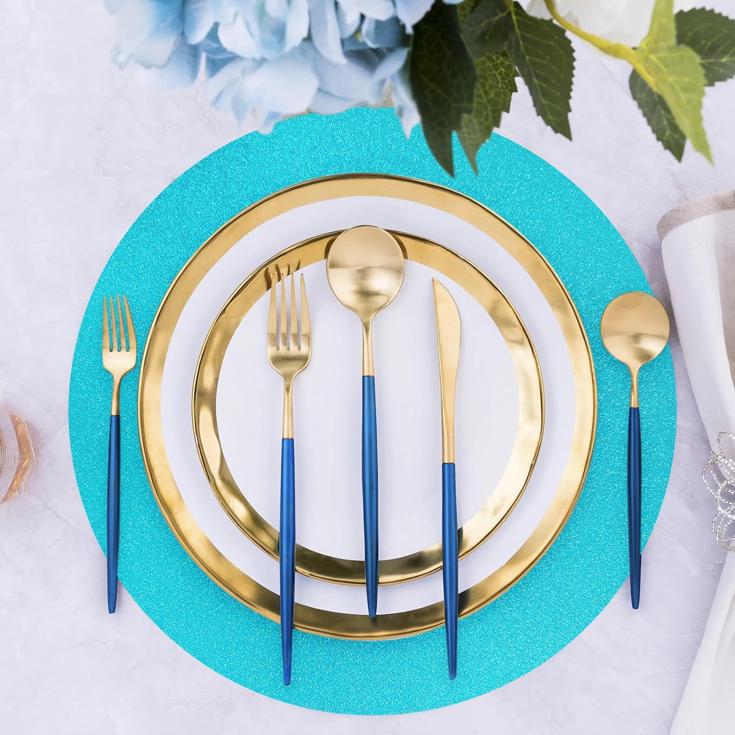 50 PCS Lake Blue Round Paper Placemats 13 Inch Glitter Disposable Paper Charger Doilies Tablemats for Wedding Birthday Baby Shower Ocean Beach Party Dinner Table Decor image 4