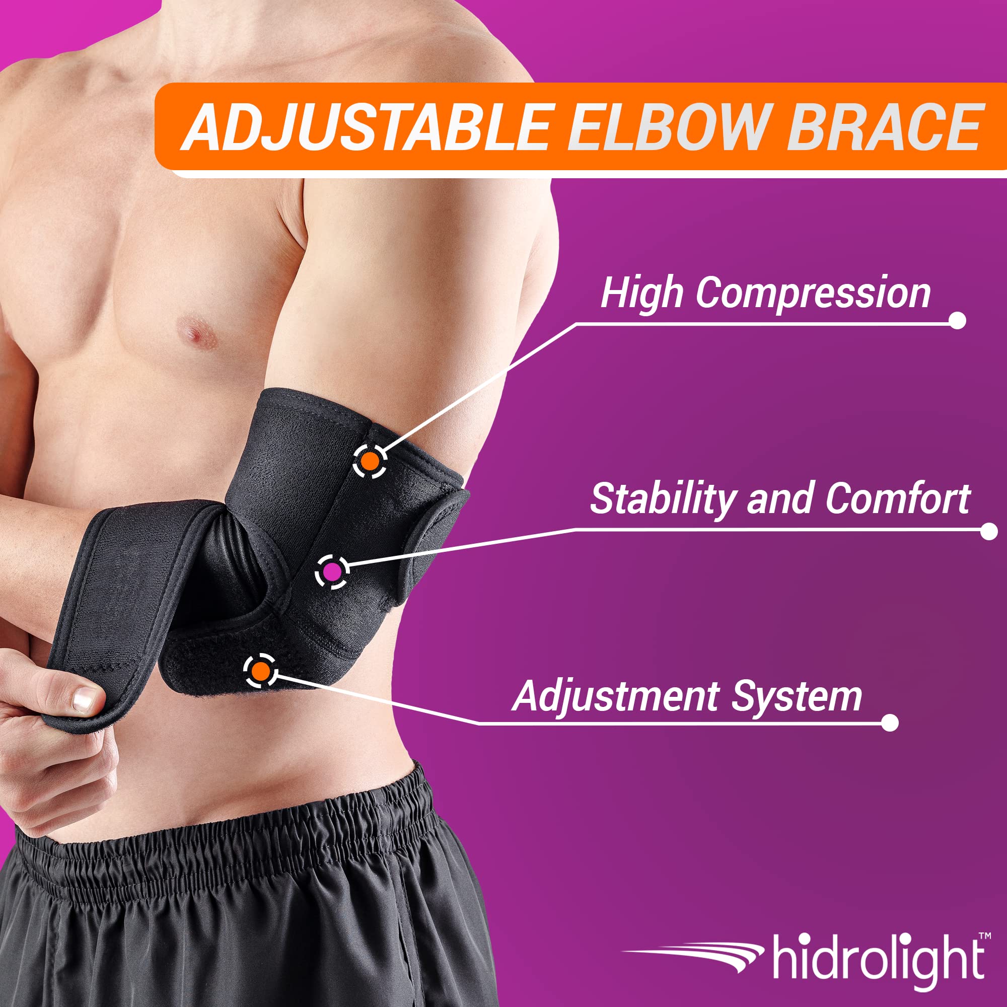 HIDROLIGHT- Adjustable Elbow Pads - Elbow Brace for Tendonitis and Tennis Elbow Brace - Tennis Elbow Brace for Men and Women, Elbow Compression Sleeve, Elbow Guard -Black, Adjustable One Size Fits All