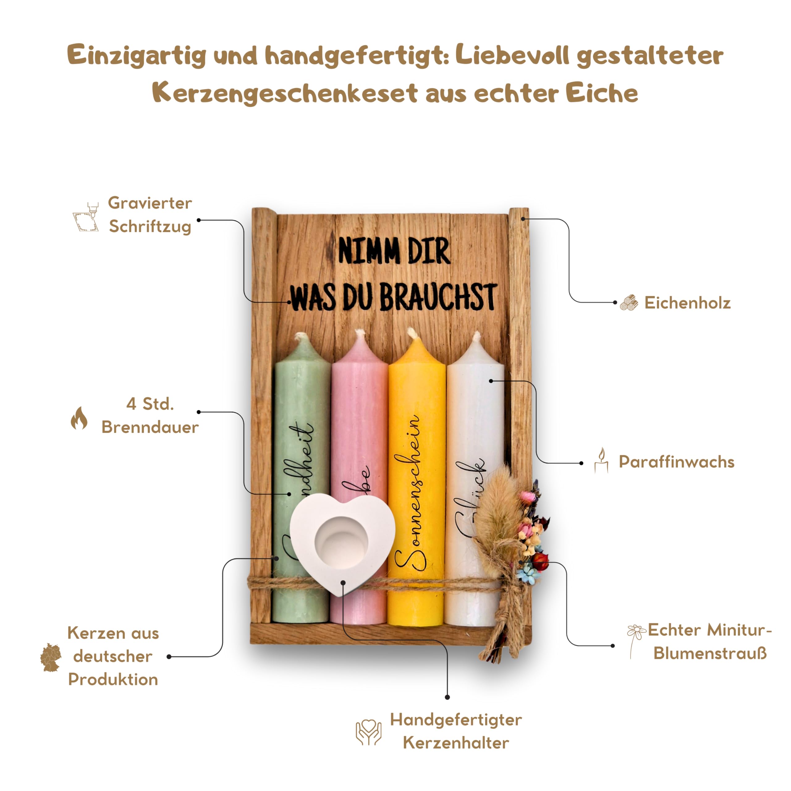 HolmCraft - Nimm dir was du brauchst | Deko Kerzenhalter Set | Handgefertigt | Perfekte Geschenkidee zum - Geburtstag, für Frauen, Freundin & Schwester | Wunscherfüller (rosa, gelb, grün, weiß)