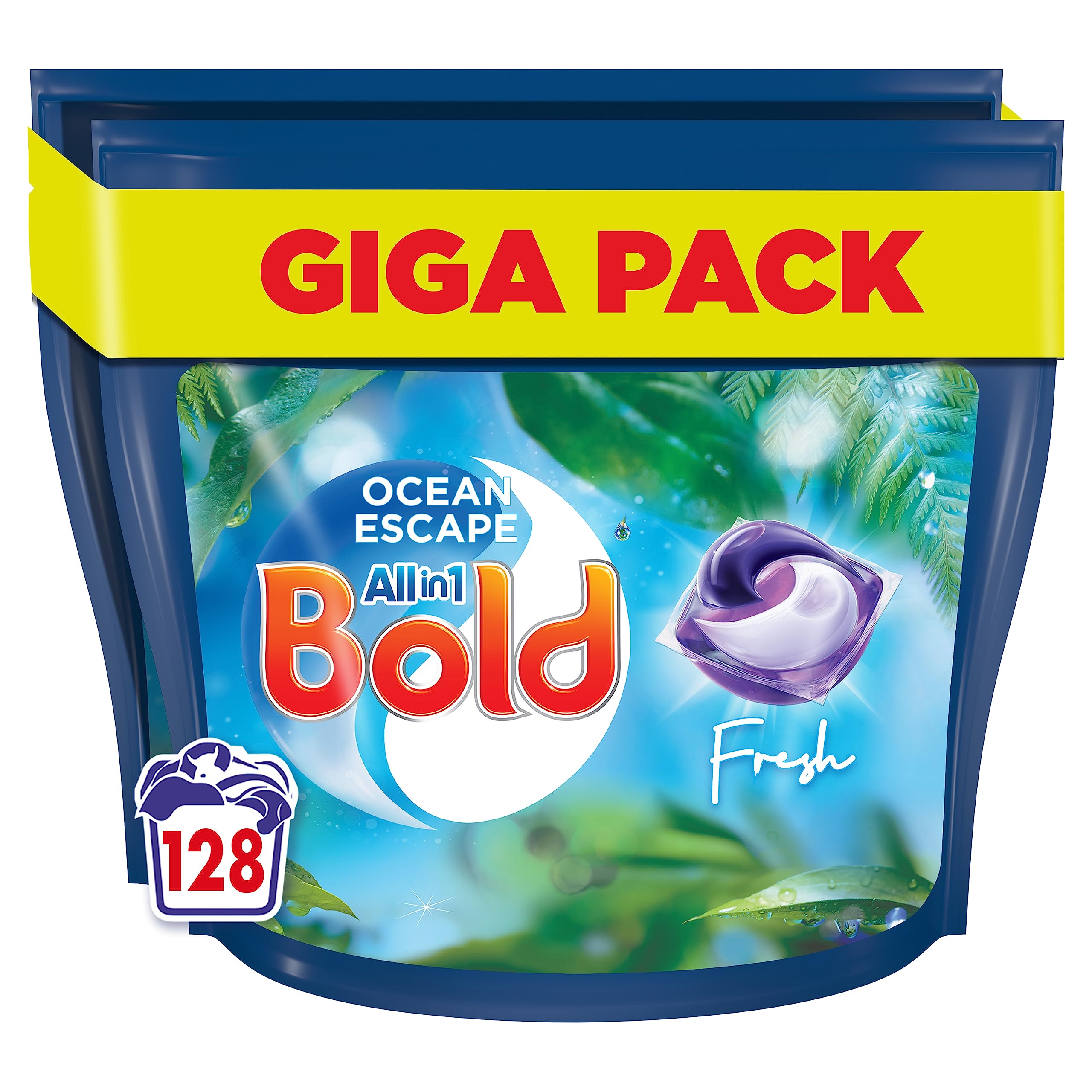 Bold All-in-1 PODS Washing Liquid Laundry Detergent Tablets/Capsules, 128 Washes (64 x 2), Ocean Escape, With Built-In Lenor Fabric Softener