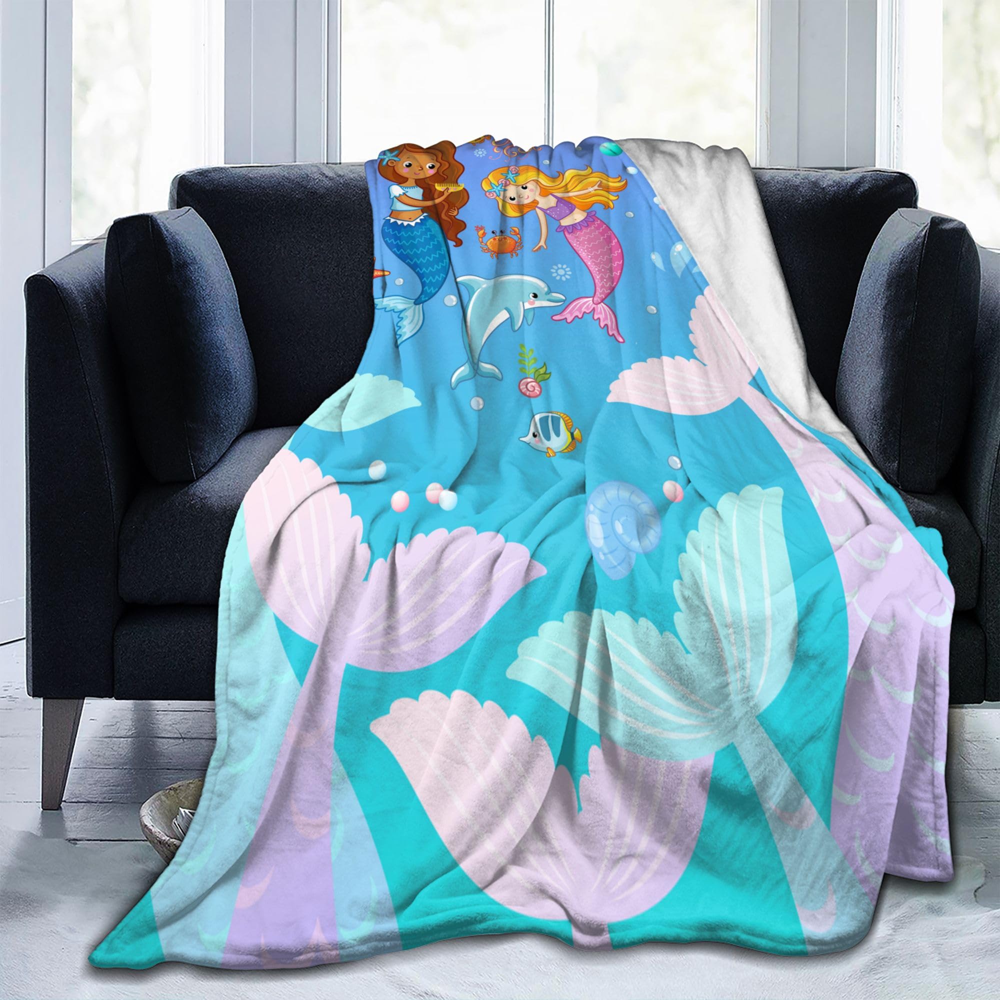 Meerjungfrauen-Decke, Geschenke für Kinder, Mädchen, niedlicher Cartoon-Seeschwanz, Überwurf, Decken, weich, warm, leicht, gemütlich, Fisch-Tierüberwürfe für Bett, Wohnzimmer, Sofa, Couch,