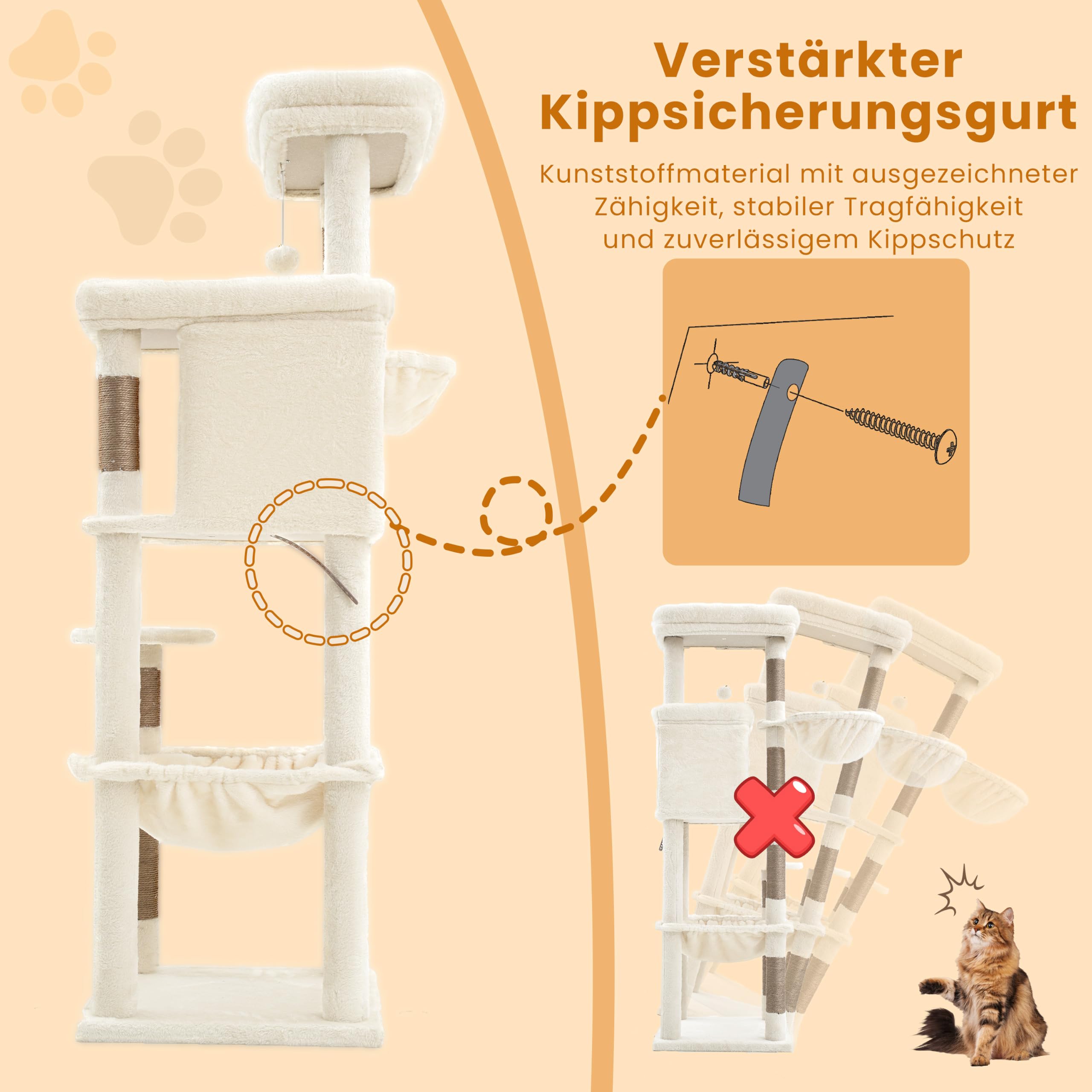 Heybly kratzbaum 142 cm mit Leichtem Aufstieg, 2 Ruheplattformen, Katzenhöhle, Hängematte und Korb, Natursisal-Kratzstämme, ideal für Wohnungskatzen, Beige HCT028MJ