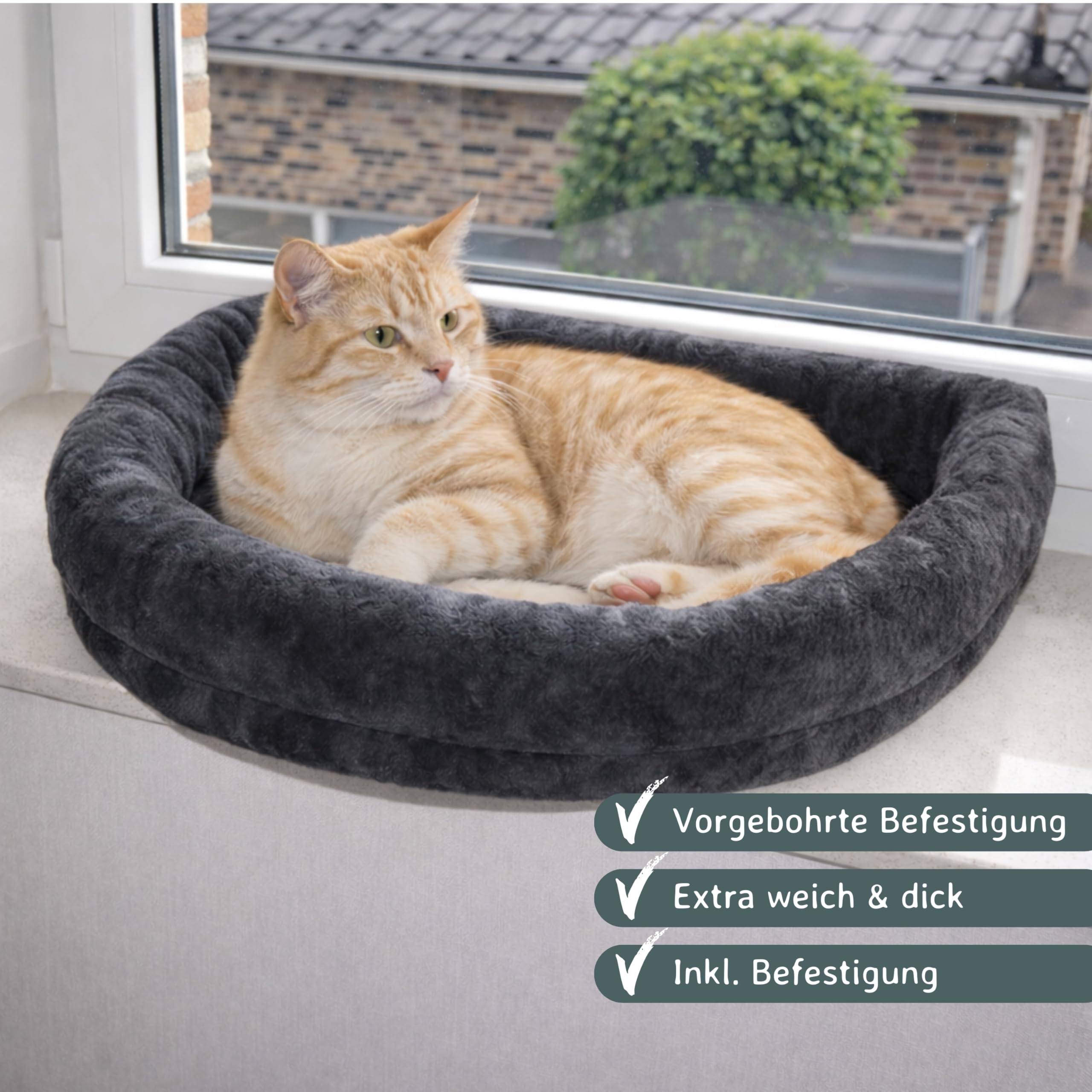 nanook Fenster Liegeplatz Liegemulde Fensterliege für große Katzen - Liegekissen - gepolstert - XXL 60 x 45 x 13 cm - grau