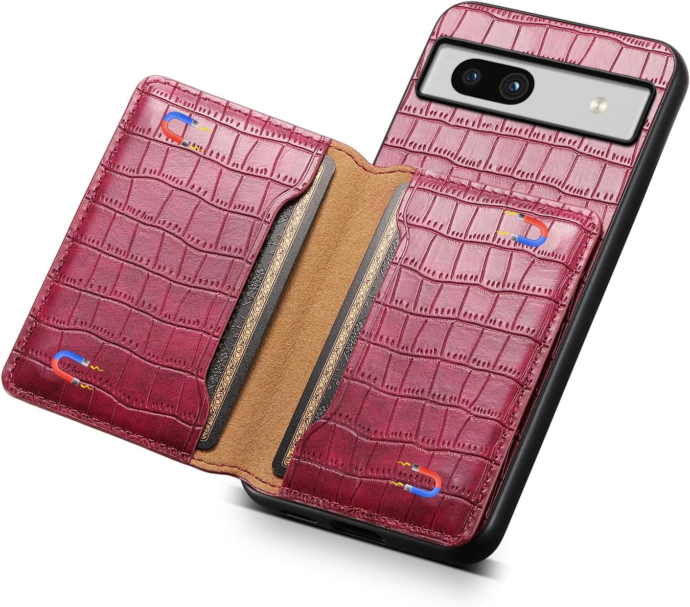 Case for Google Pixel 7A,Classic Crocodile Pattern PU Leather Case Magnetic Back Card Holder Cover Hiding Kickstand Red
