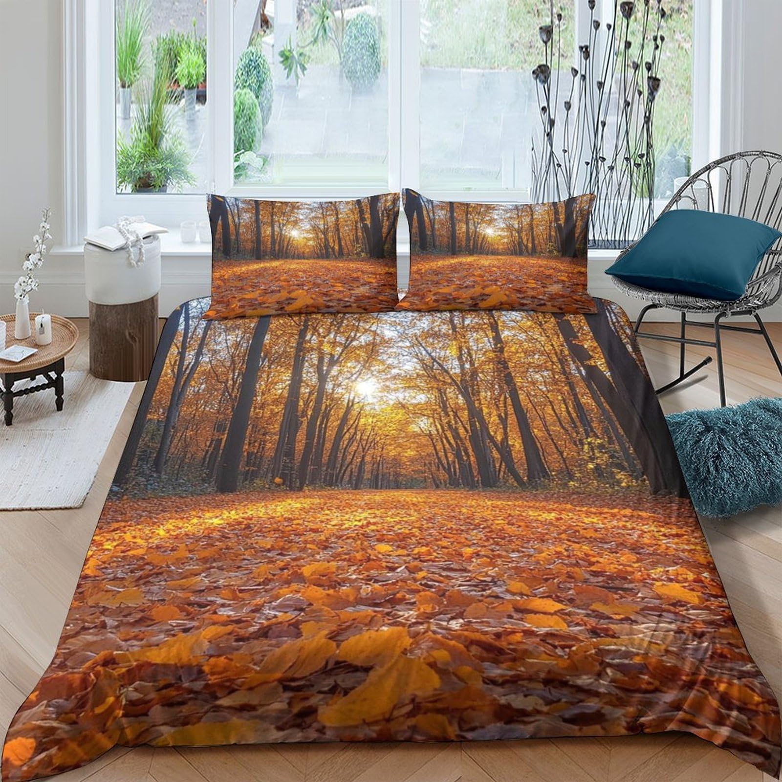 Ctjqhvkz Style-5 3D Printed Autumn Forest Fitted Sheet Microfiber Soft Orange Leaves Bed Cover For Bedroom Guestroom Decor Protection Single（135X200cm）