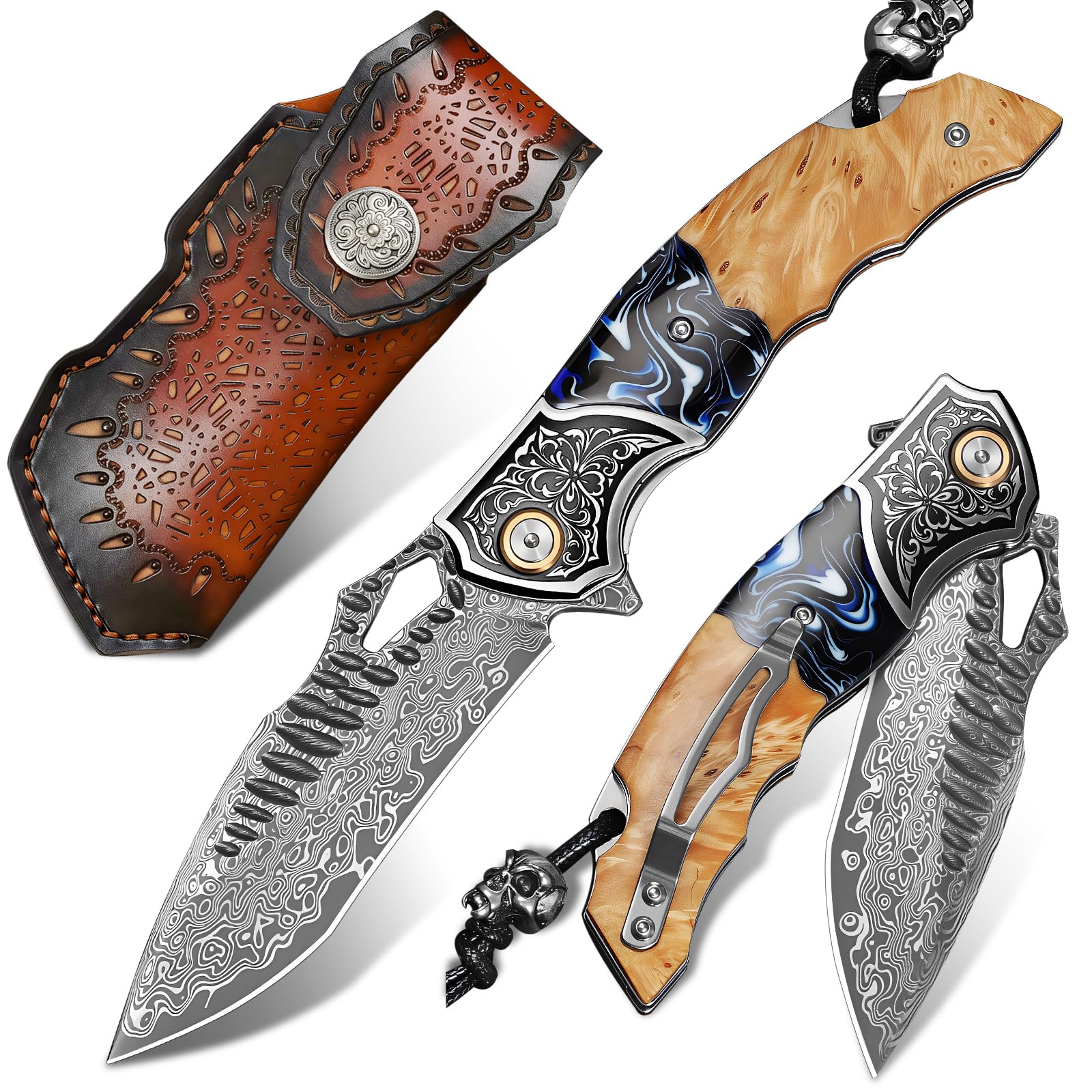 Handgefertigtes Klappmesser aus Damaszenerstahl, 8" EDC-Taschenmesser für Herren, inklusive Lederscheide und Taschenclip, Griff aus Ahornholz mit Harzbeschichtung – ein EDC-Messer, das sich ideal für