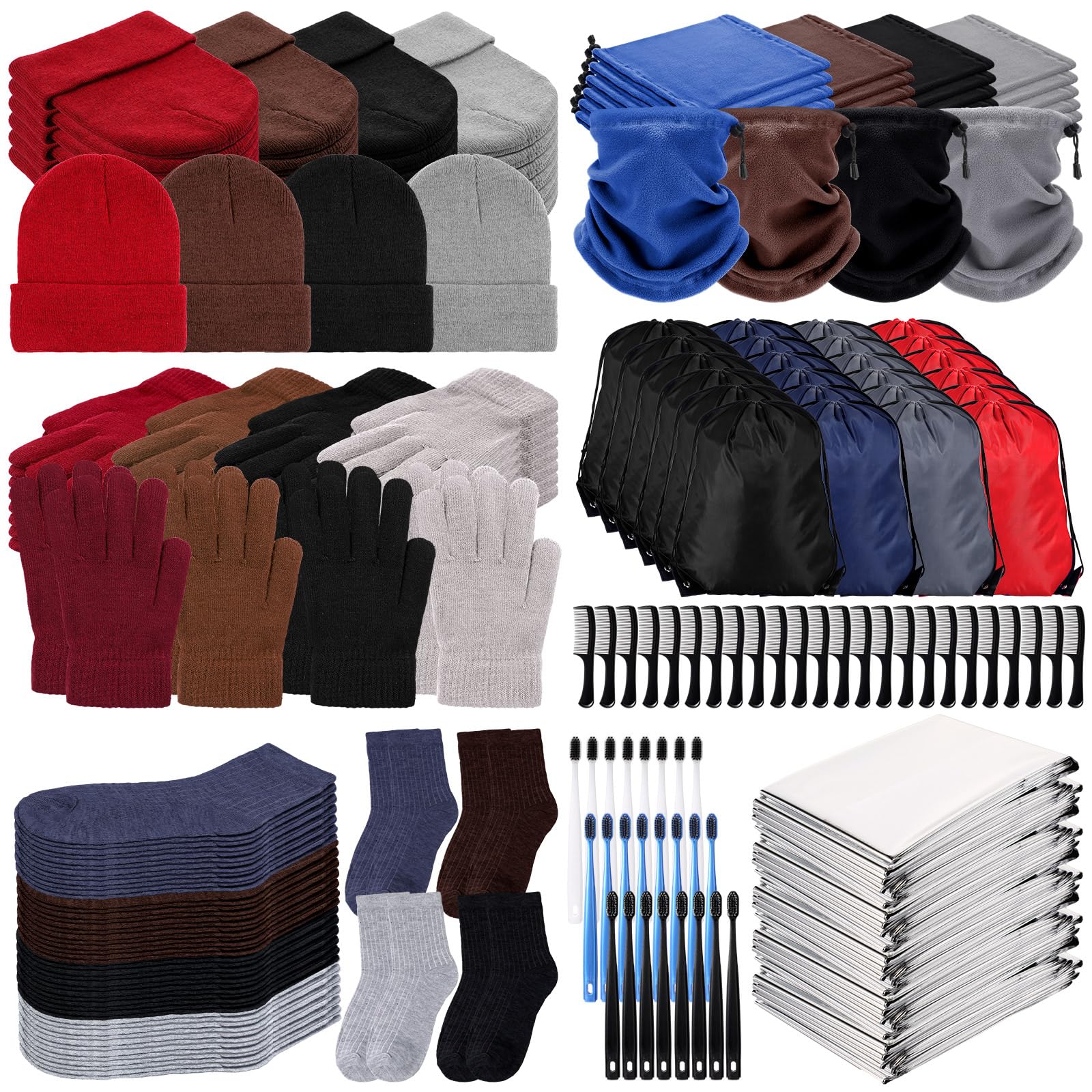 Coume 192 Pcs Christmas Homeless Care Package Supplies Winter Beanies Gloves Neck Warmer Sock Emergency Thermal Blankets Drawstring