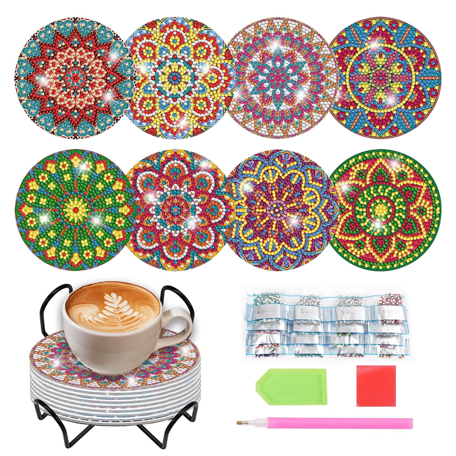 Cheriswelry Kit 8 Sottobicchieri 5D Diamond Painting A Tema Gnomo – Fai Da Te Con Base In Sughero, Per Principianti